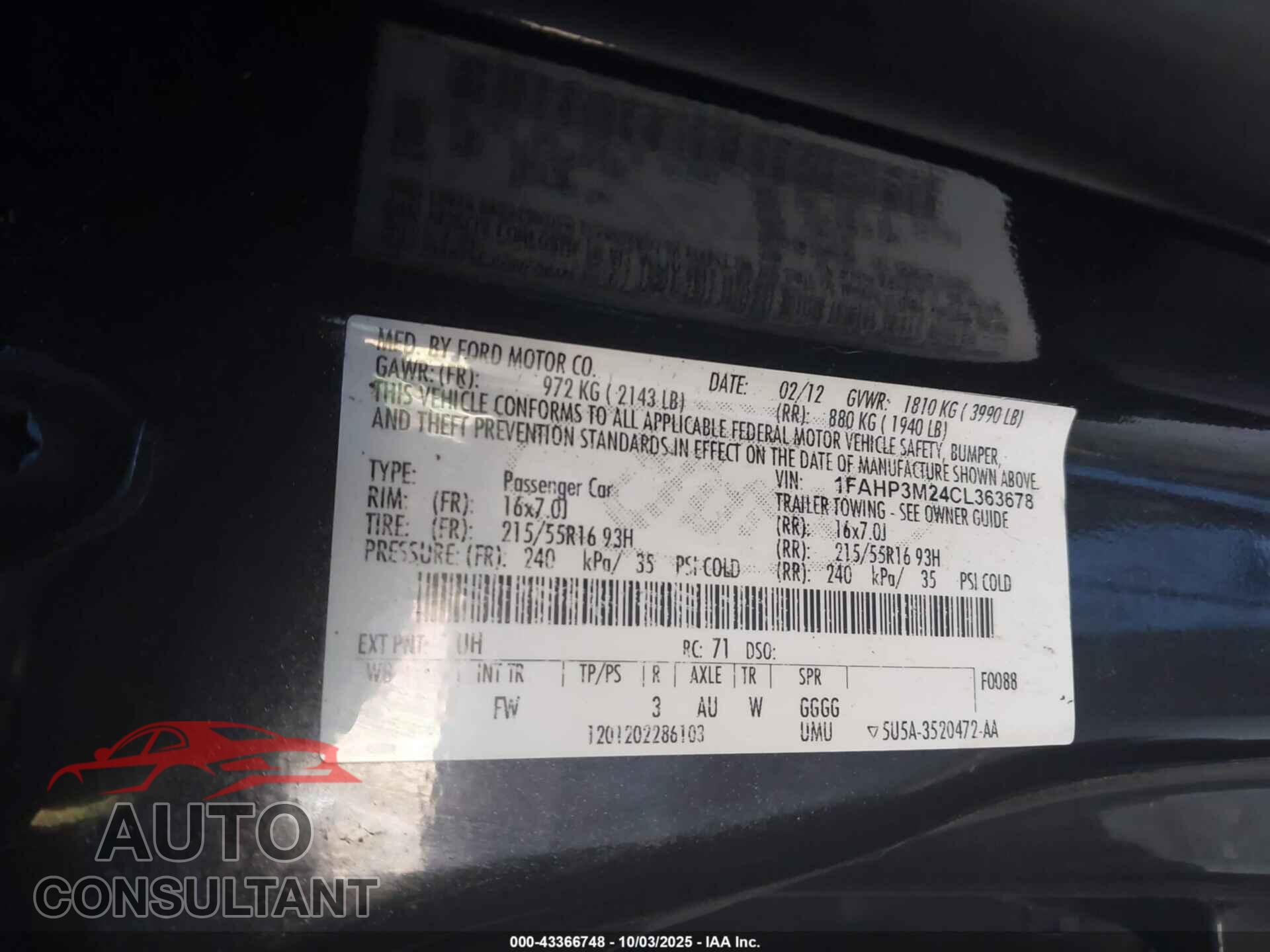 FORD FOCUS 2012 - 1FAHP3M24CL363678