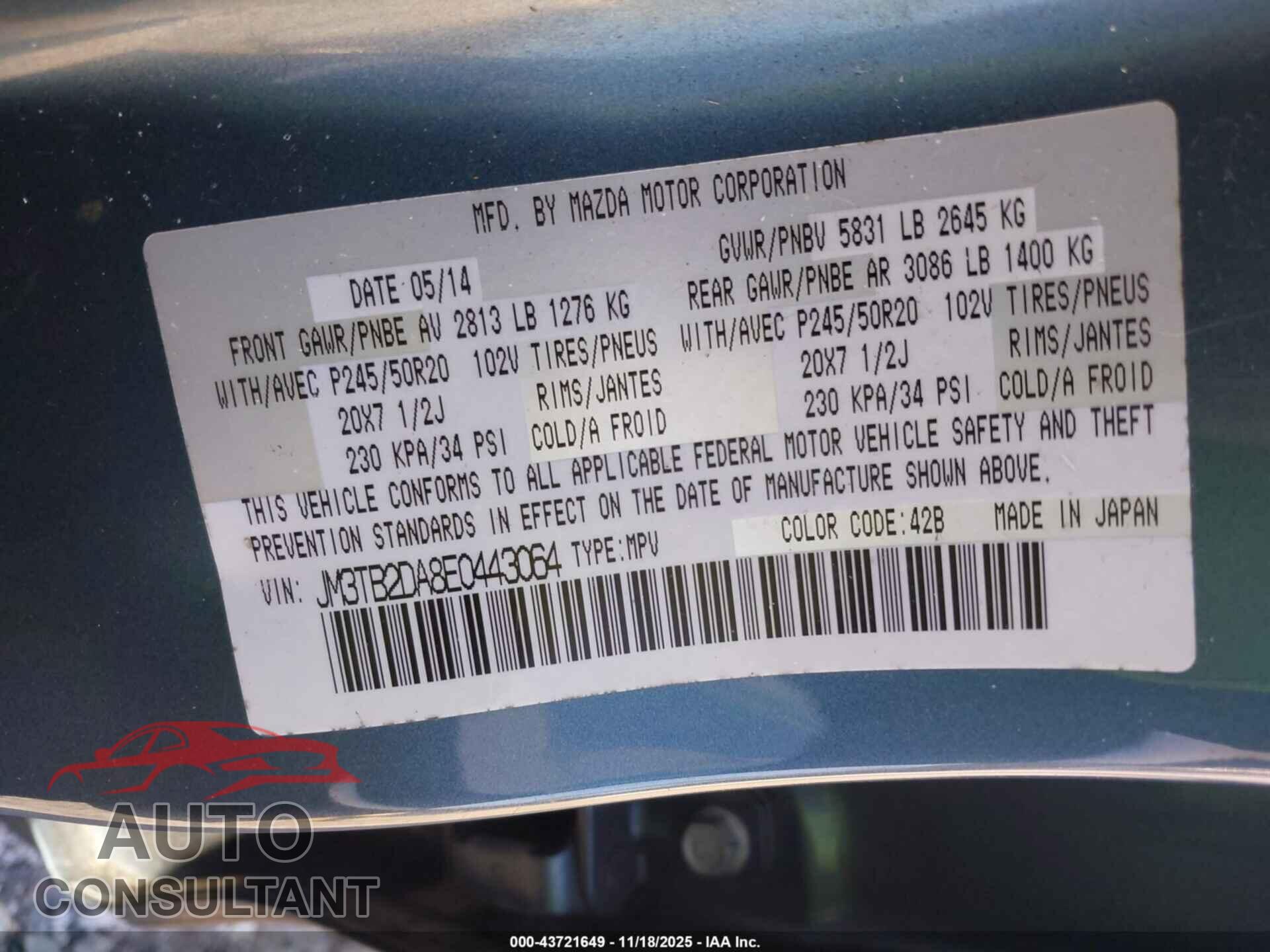 MAZDA CX-9 2014 - JM3TB2DA8E0443064
