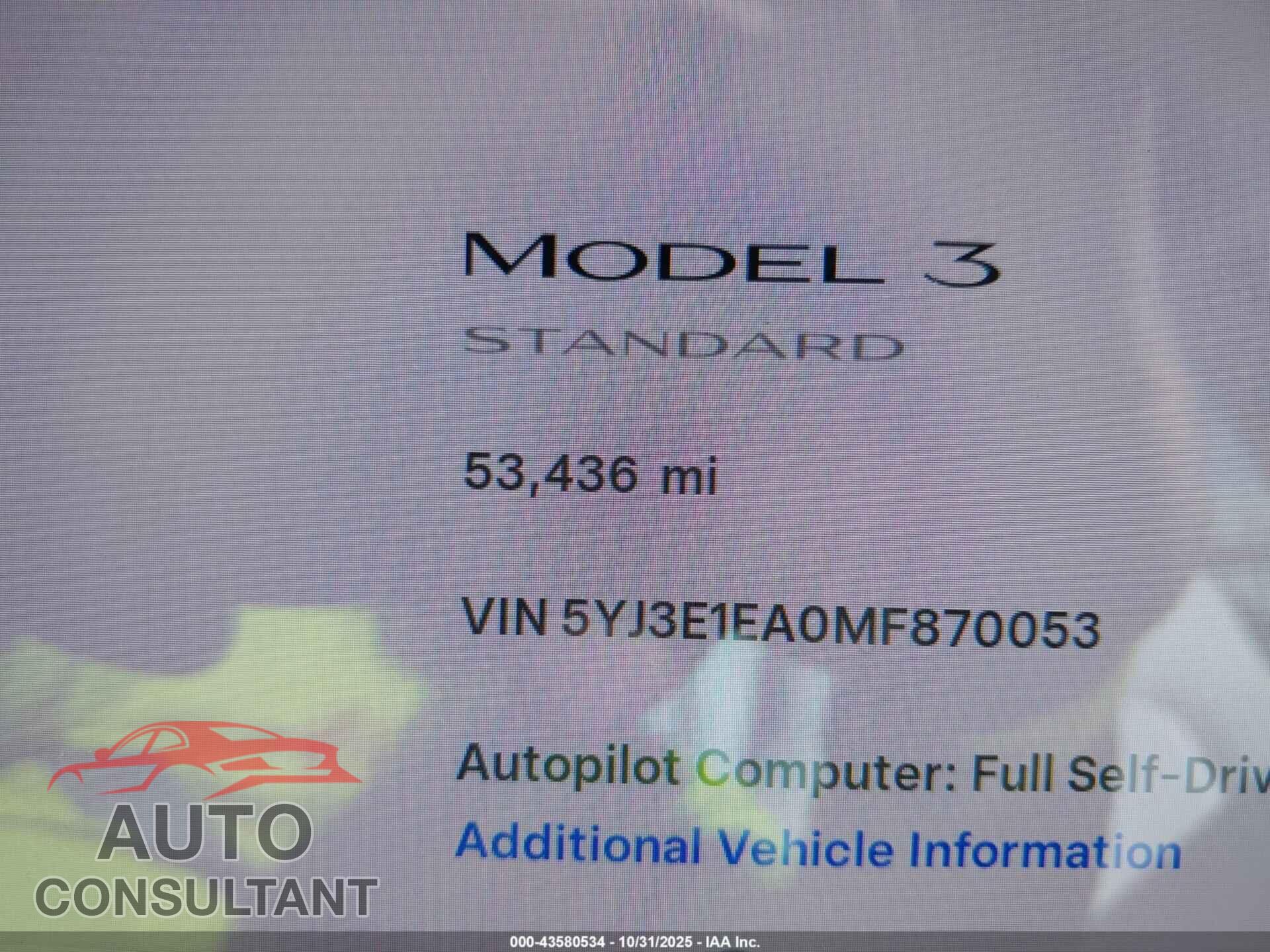 TESLA MODEL 3 2021 - 5YJ3E1EA0MF870053