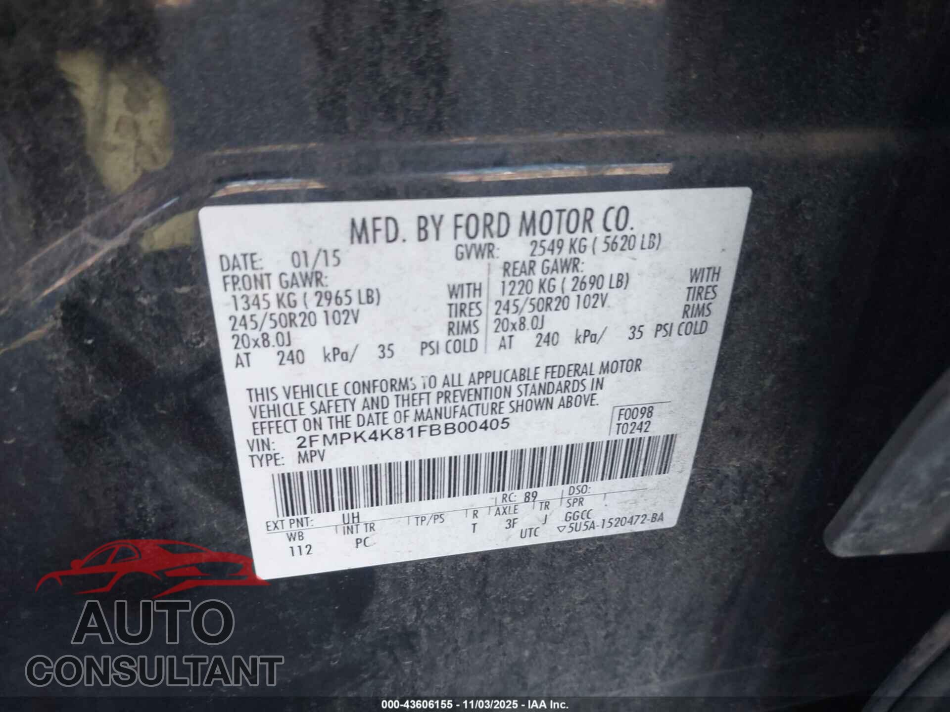 FORD EDGE 2015 - 2FMPK4K81FBB00405