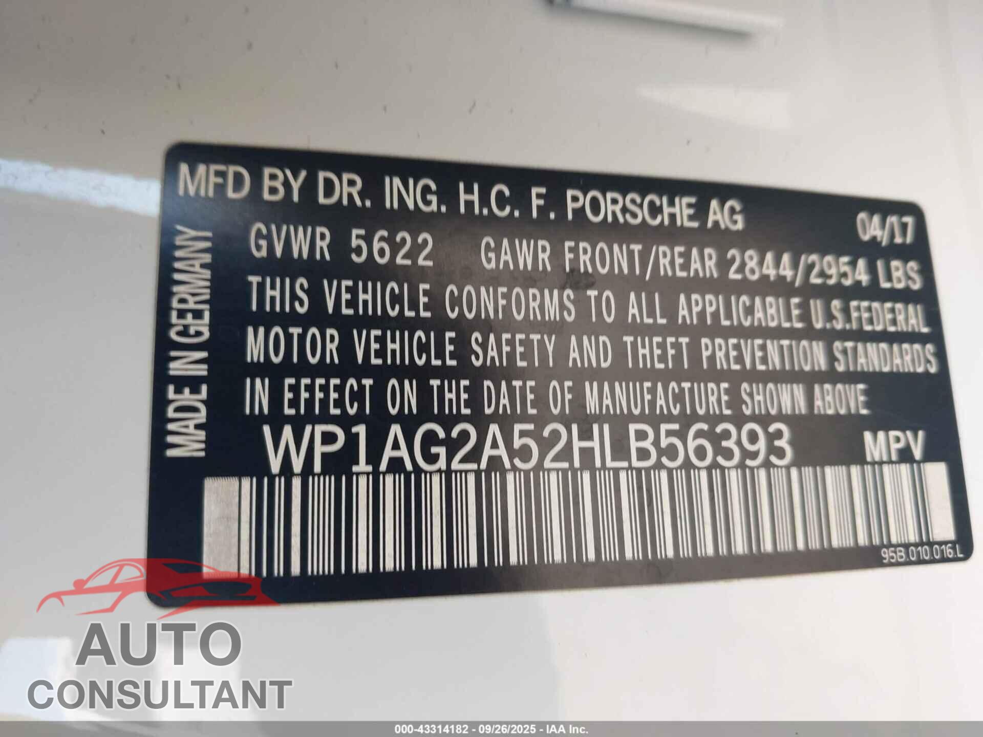PORSCHE MACAN 2017 - WP1AG2A52HLB56393