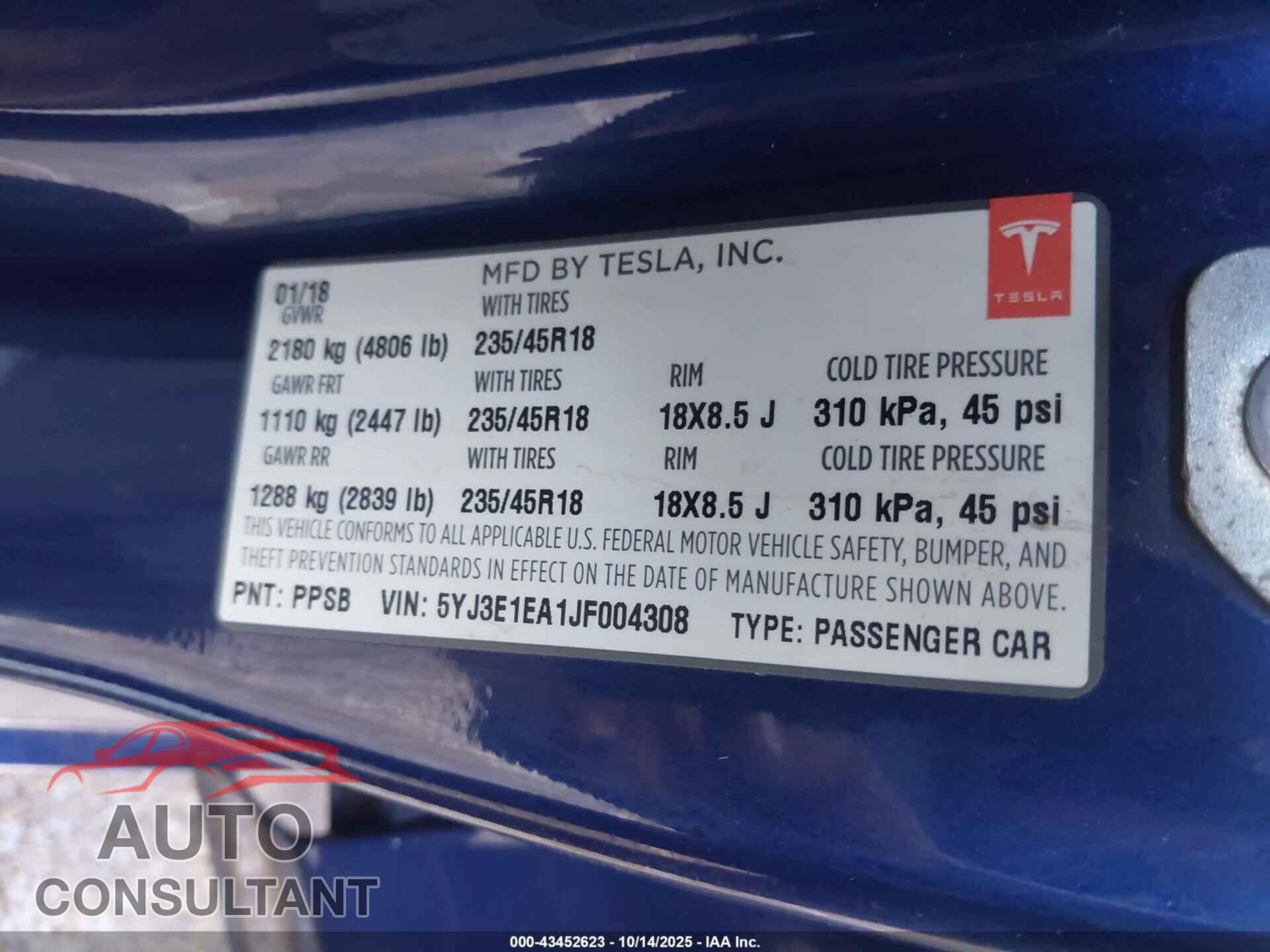 TESLA MODEL 3 2018 - 5YJ3E1EA1JF004308