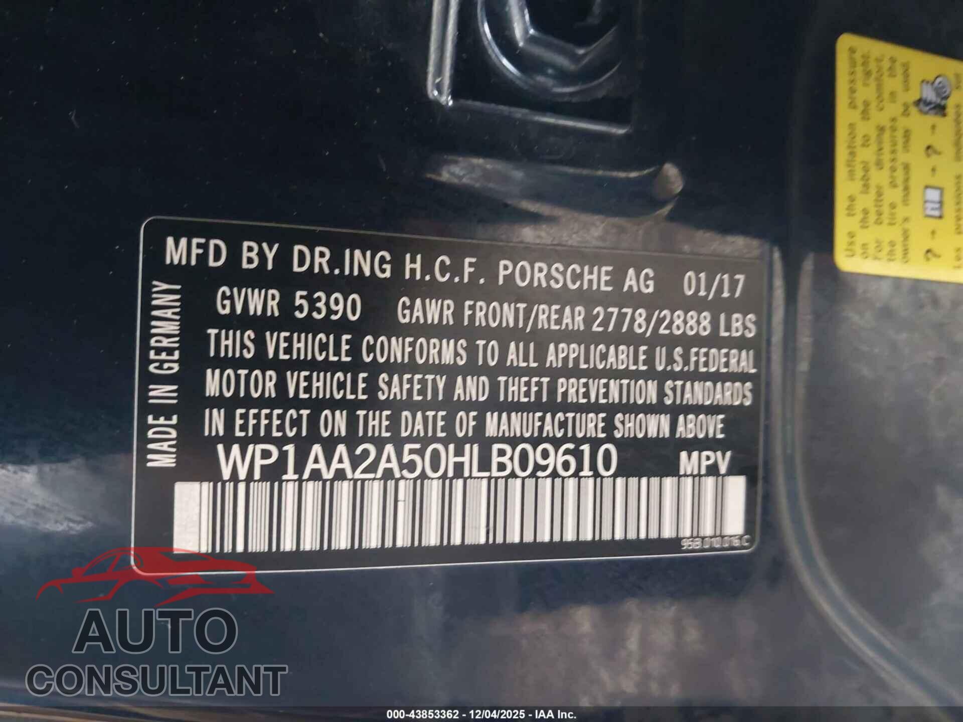 PORSCHE MACAN 2017 - WP1AA2A50HLB09610