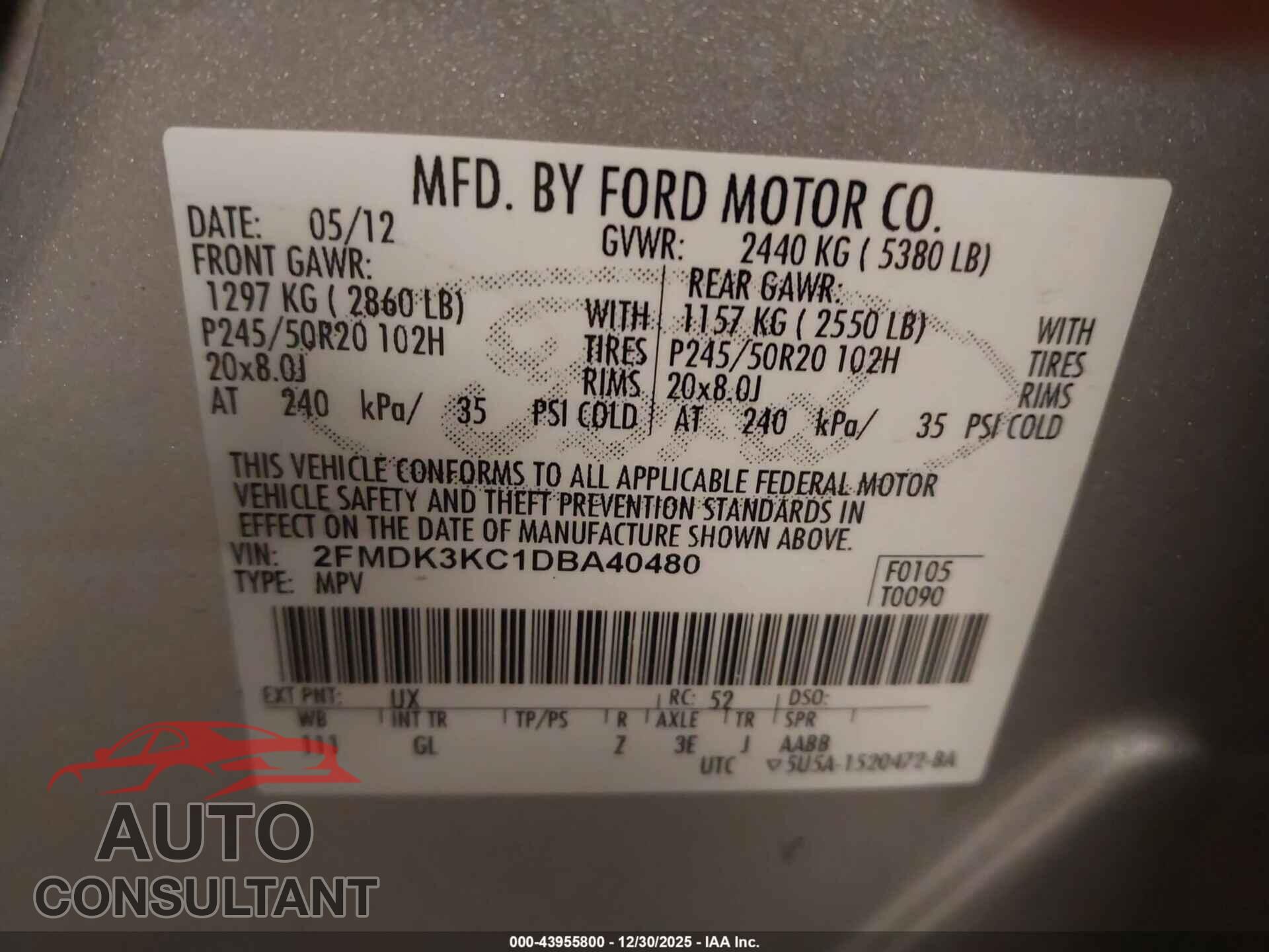 FORD EDGE 2013 - 2FMDK3KC1DBA40480