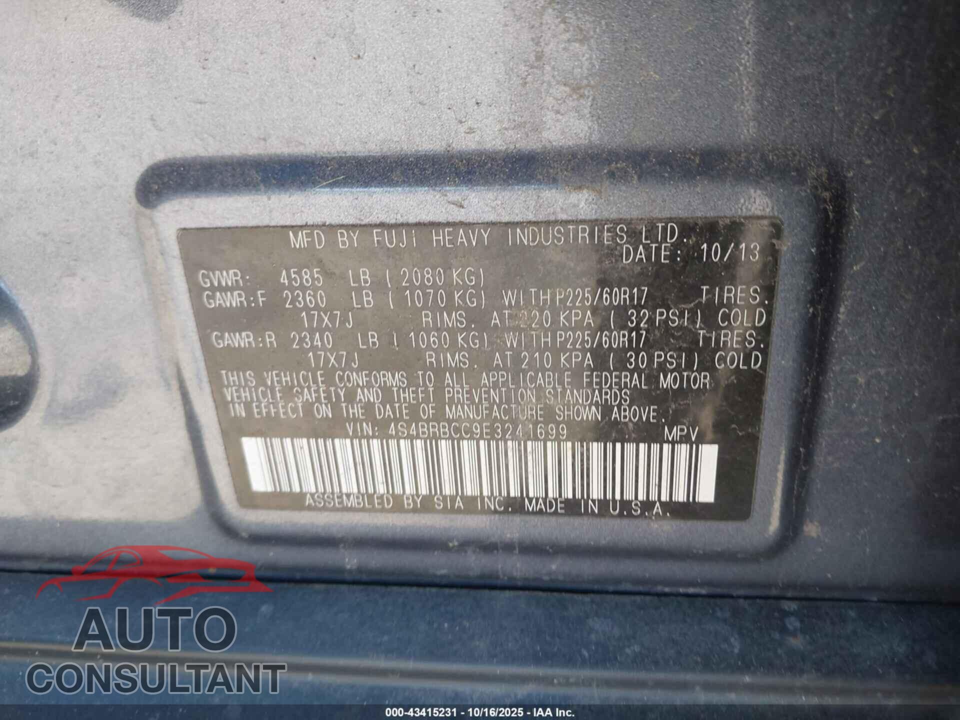 SUBARU OUTBACK 2014 - 4S4BRBCC9E3241699