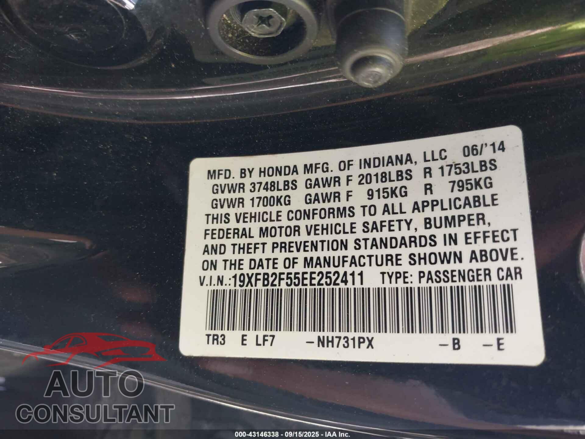 HONDA CIVIC 2014 - 19XFB2F55EE252411