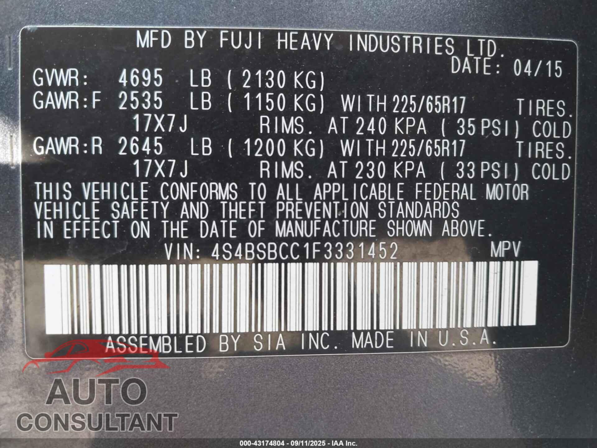 SUBARU OUTBACK 2015 - 4S4BSBCC1F3331452
