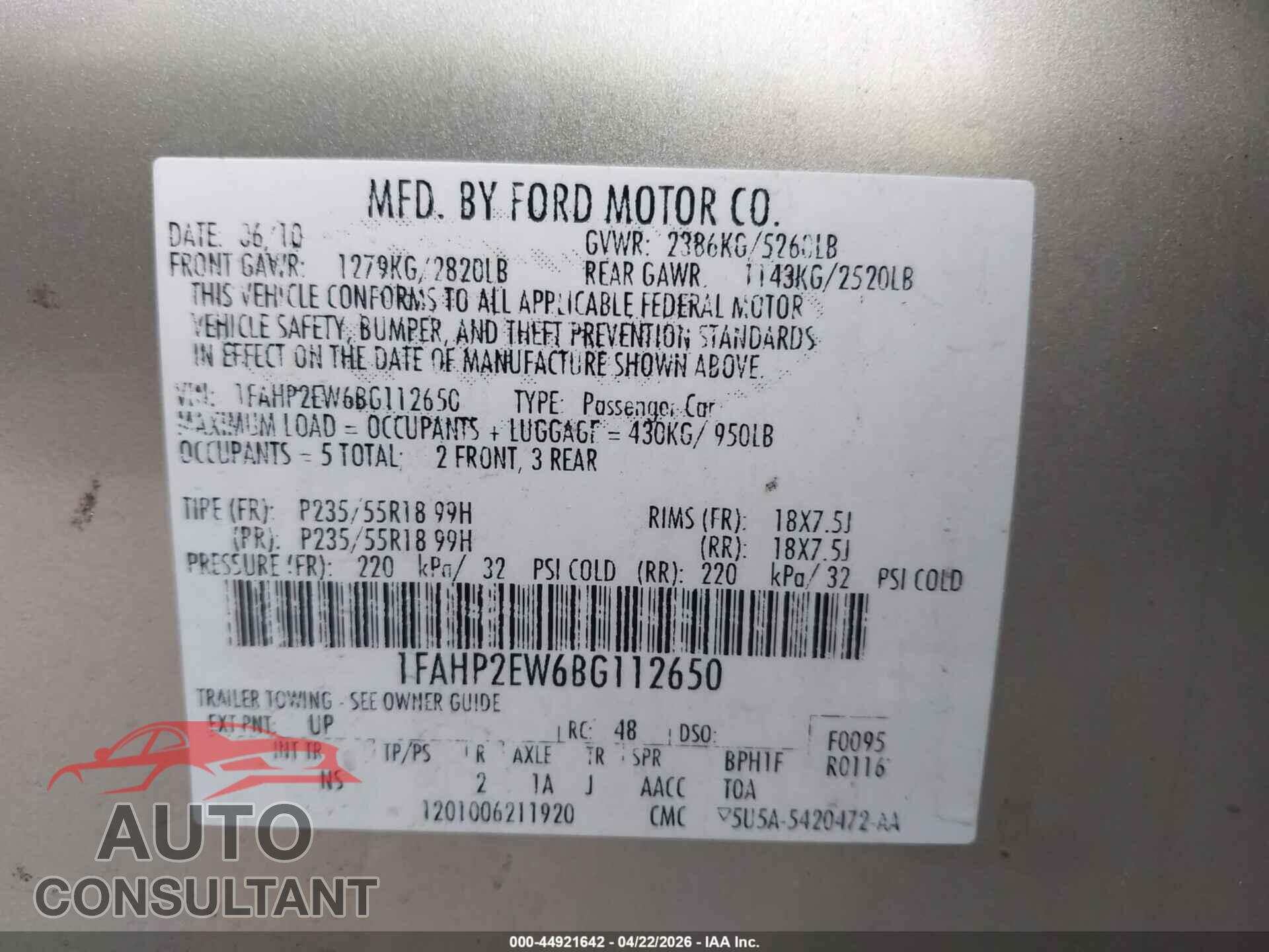 FORD TAURUS 2011 - 1FAHP2EW6BG112650