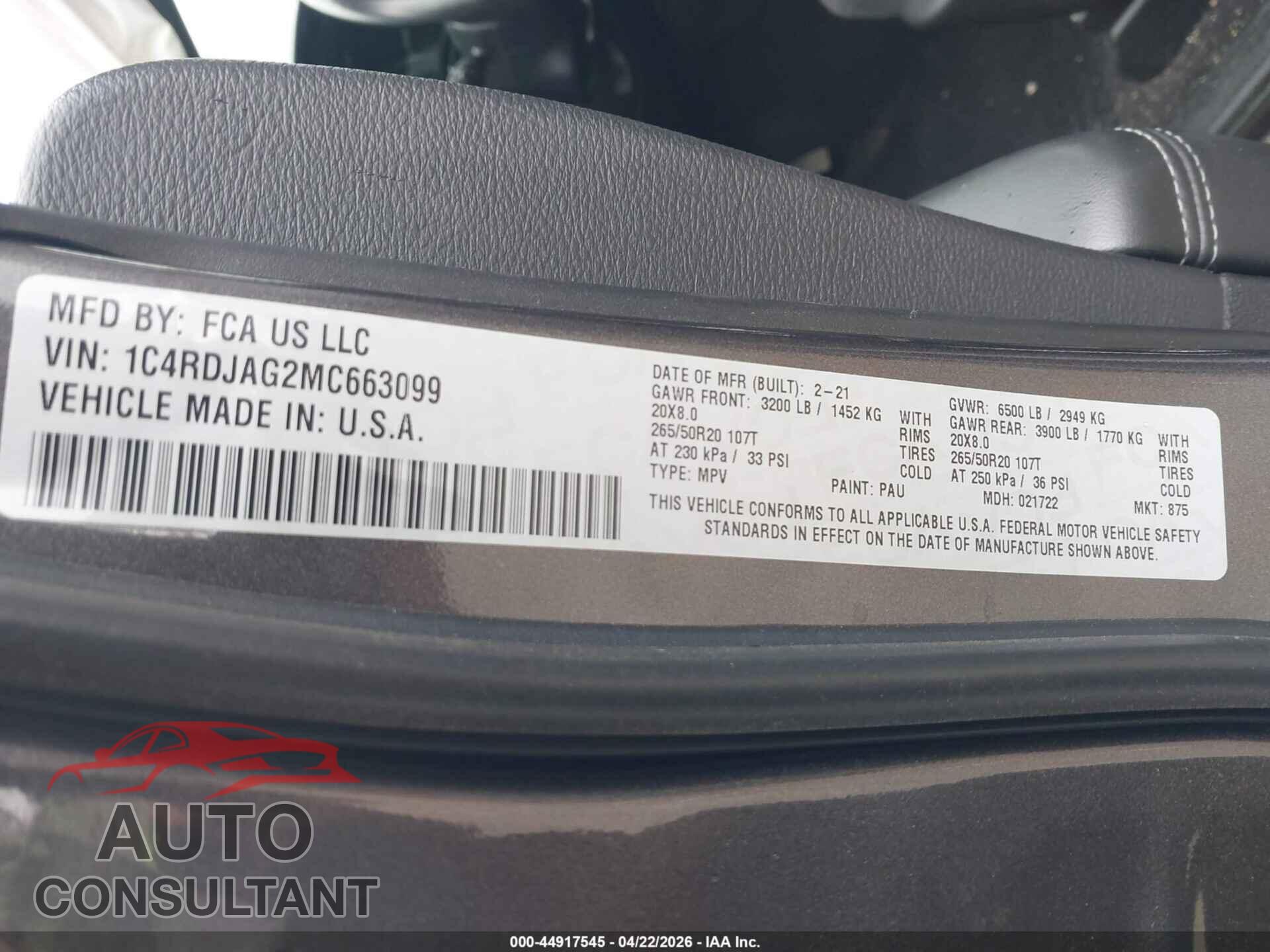 DODGE DURANGO 2021 - 1C4RDJAG2MC663099