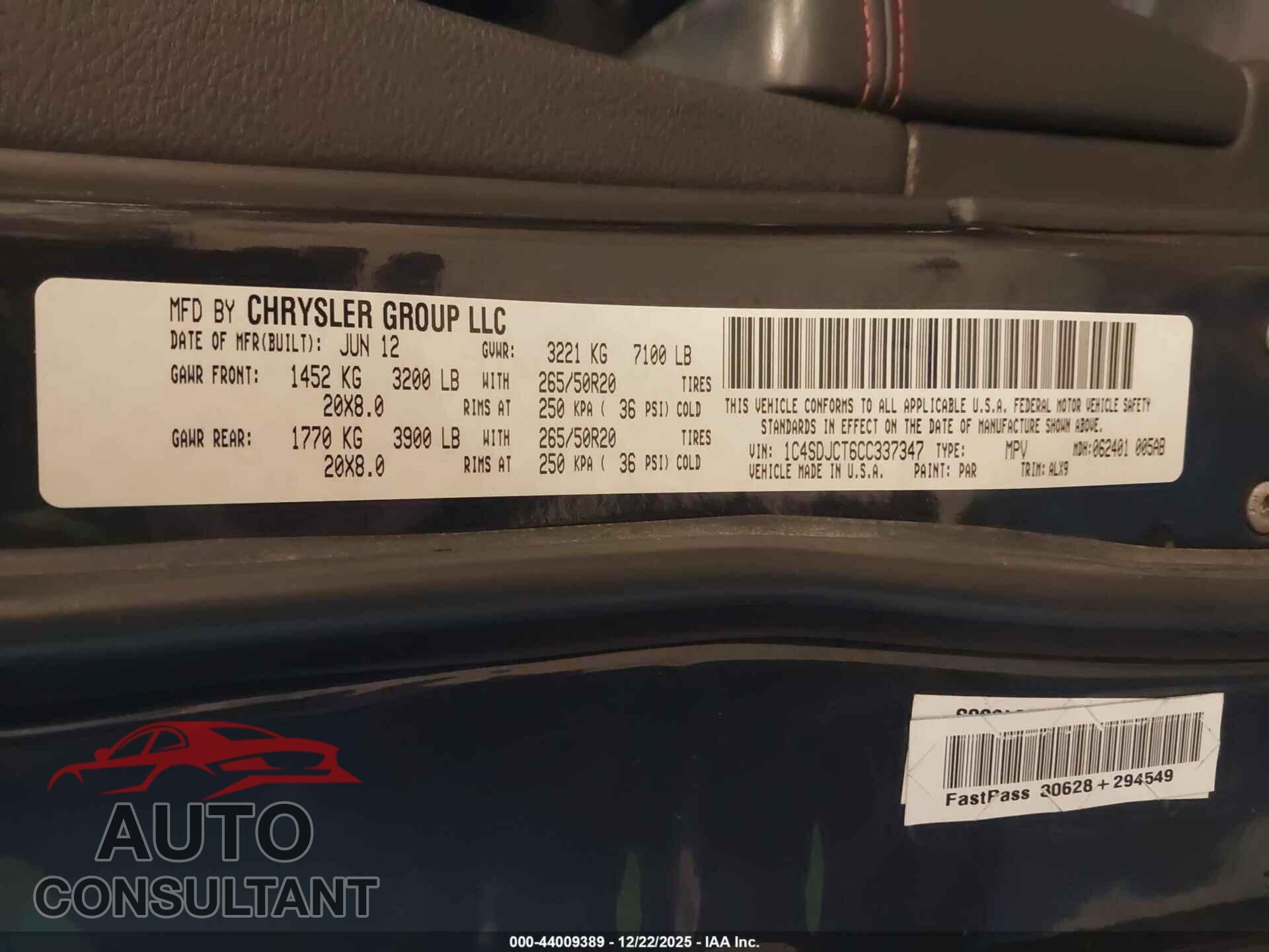 DODGE DURANGO 2012 - 1C4SDJCT6CC337347