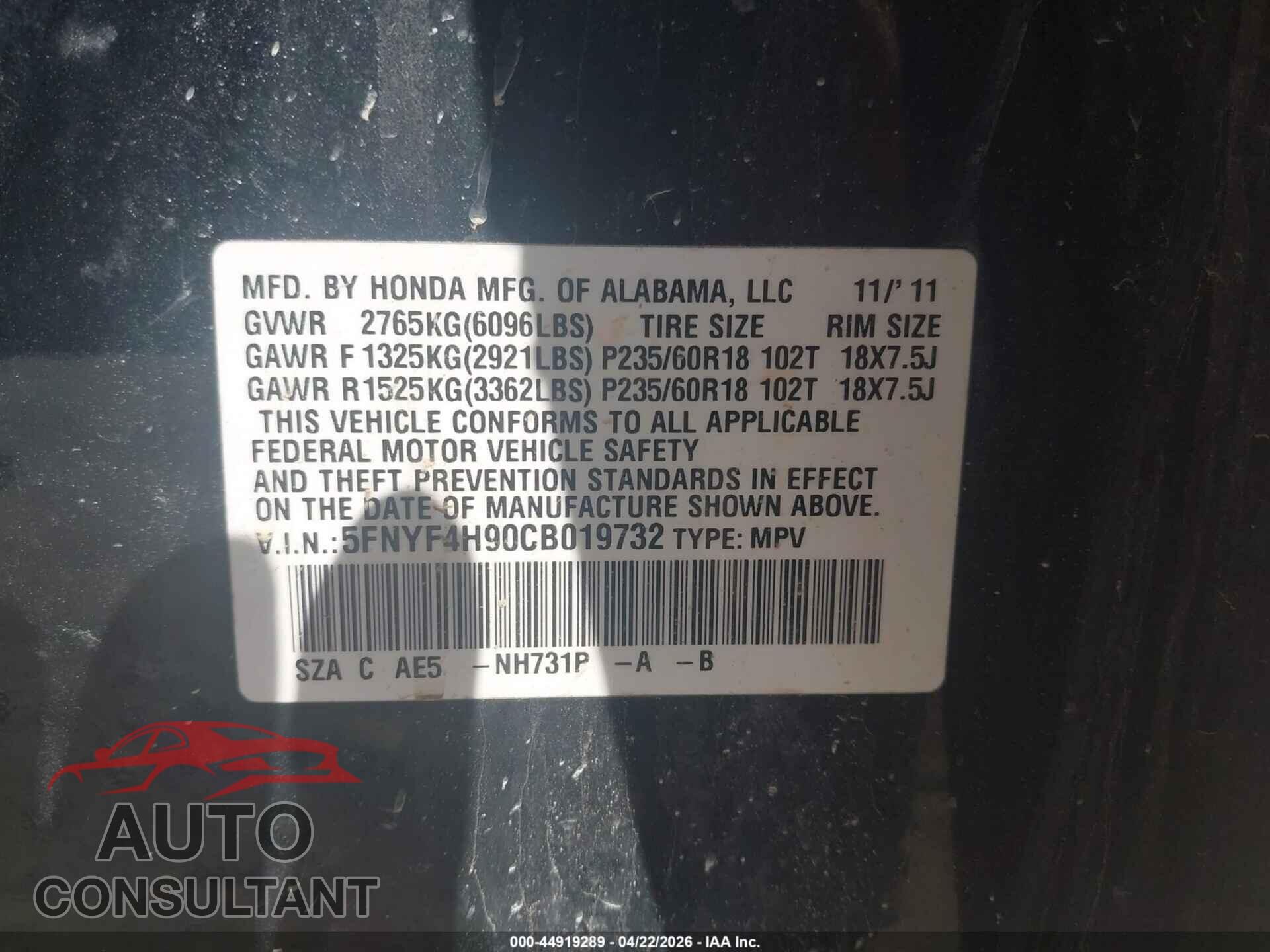 HONDA PILOT 2012 - 5FNYF4H90CB019732