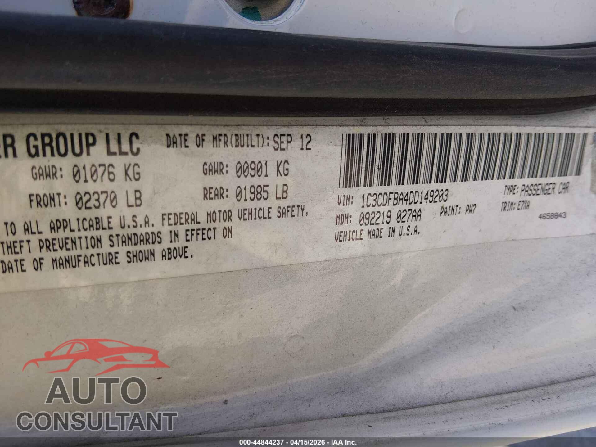 DODGE DART 2013 - 1C3CDFBA4DD149203