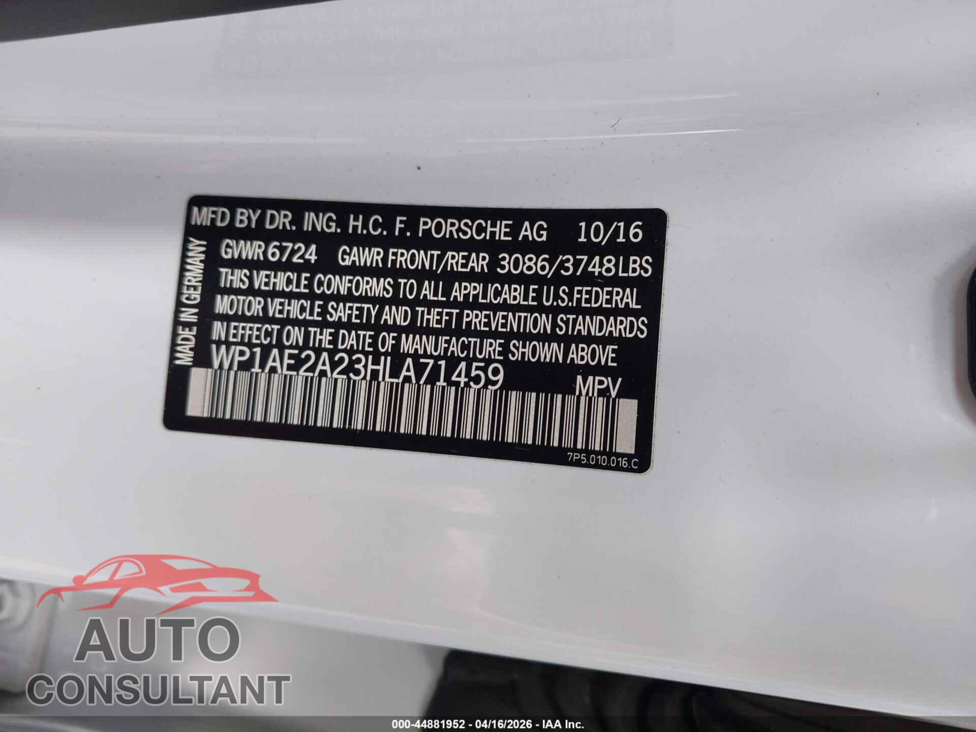 PORSCHE CAYENNE E-HYBRID 2017 - WP1AE2A23HLA71459
