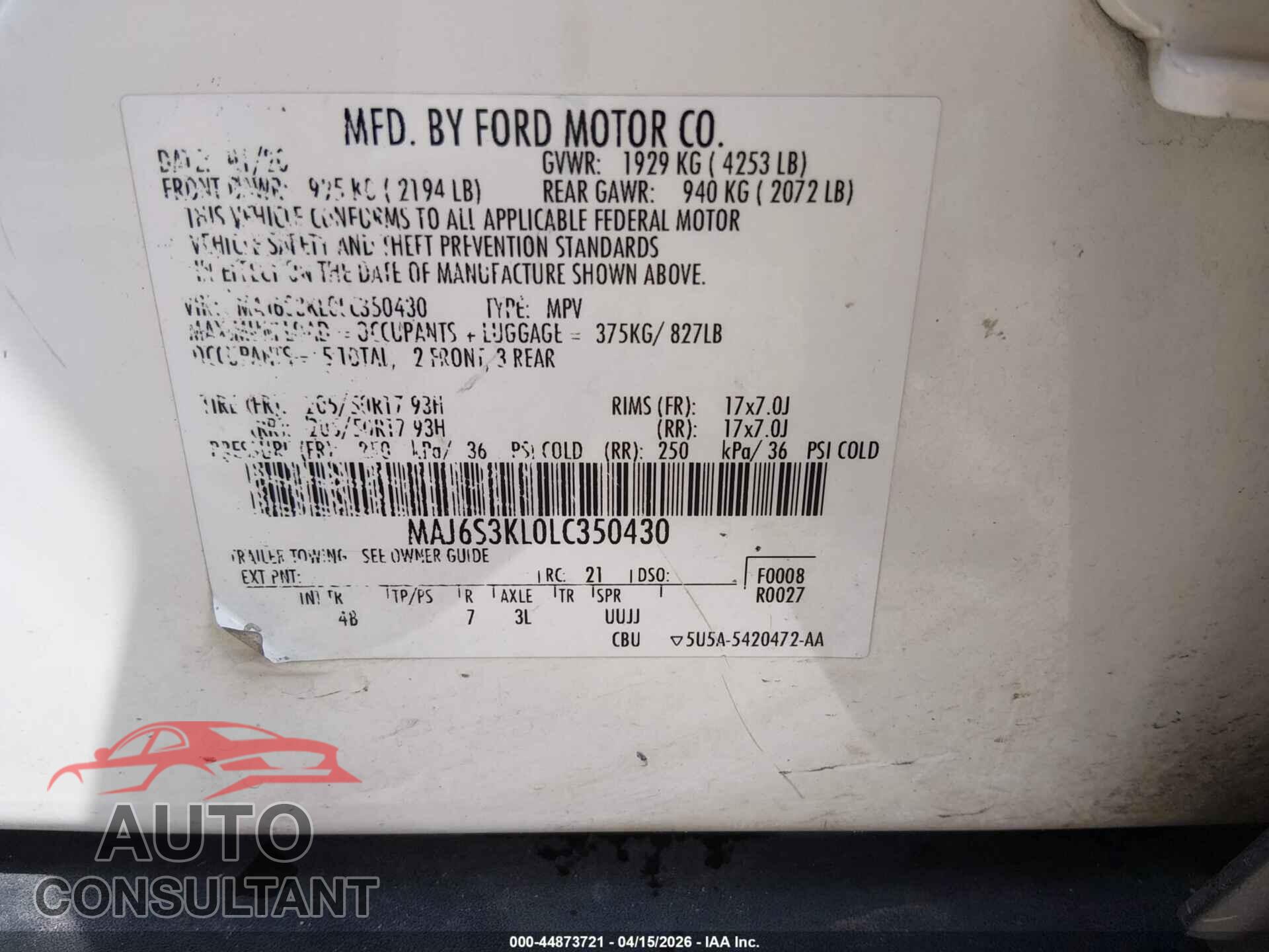 FORD ECOSPORT 2020 - MAJ6S3KL0LC350430