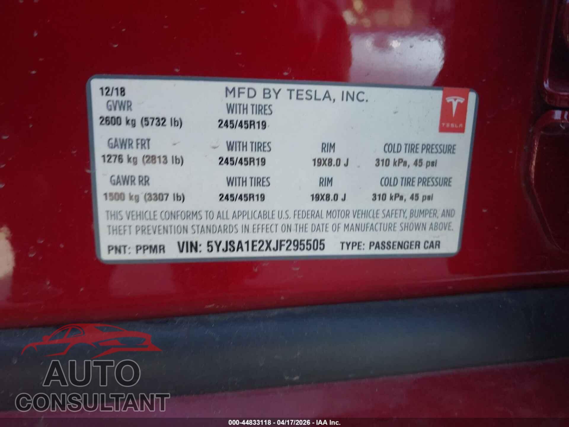 TESLA MODEL S 2018 - 5YJSA1E2XJF295505