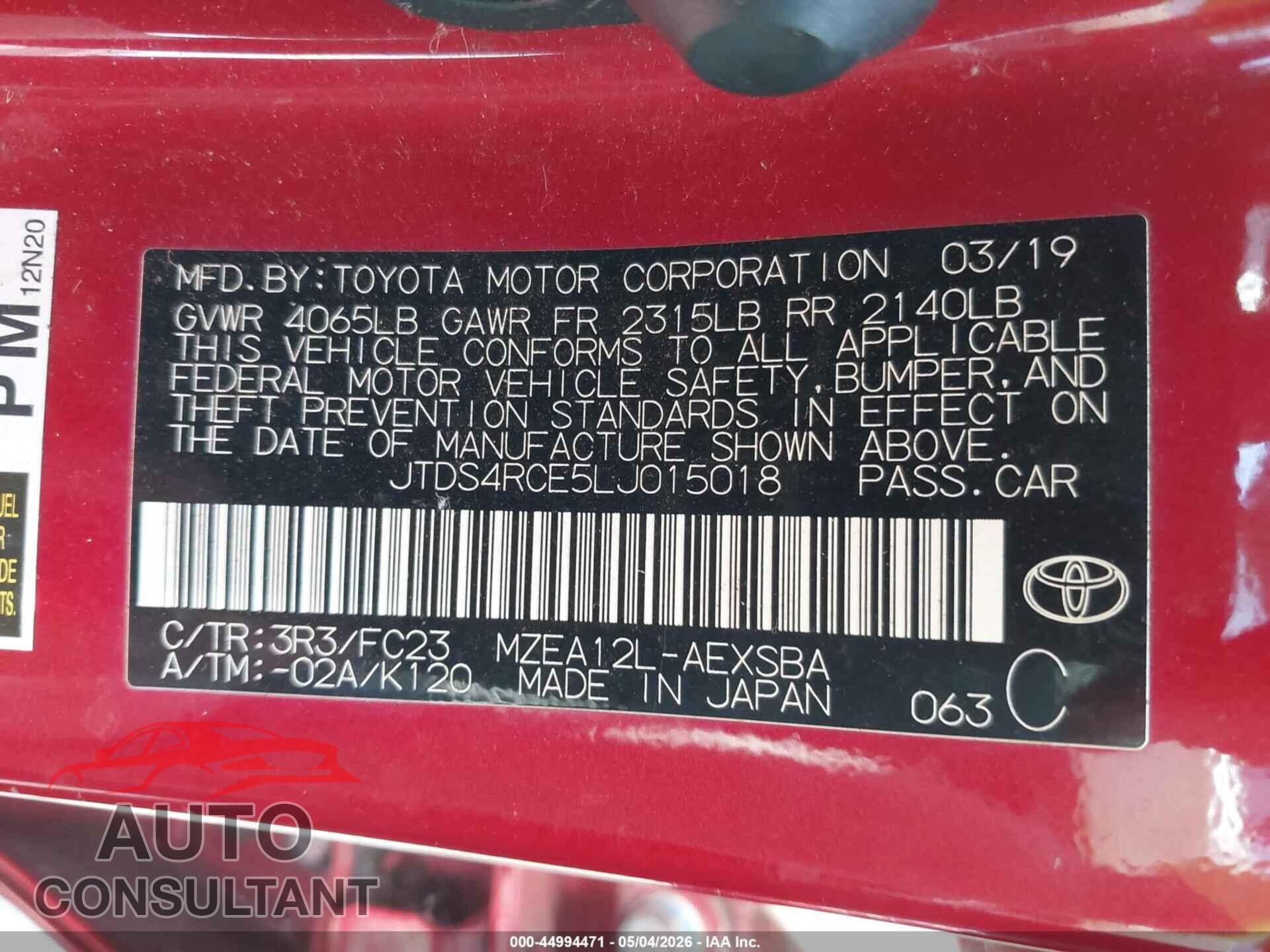 TOYOTA COROLLA 2020 - JTDS4RCE5LJ015018