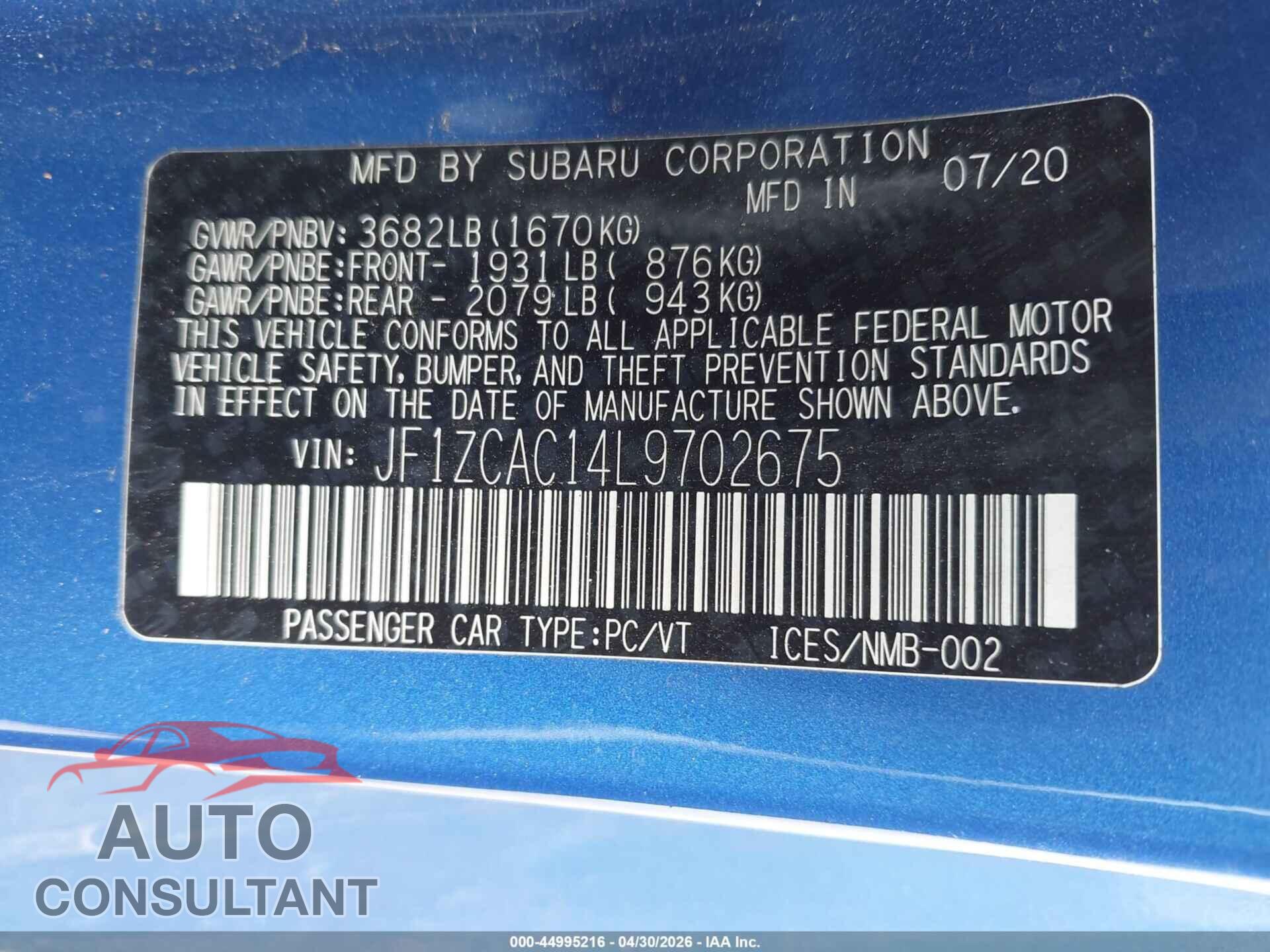 SUBARU BRZ 2020 - JF1ZCAC14L9702675