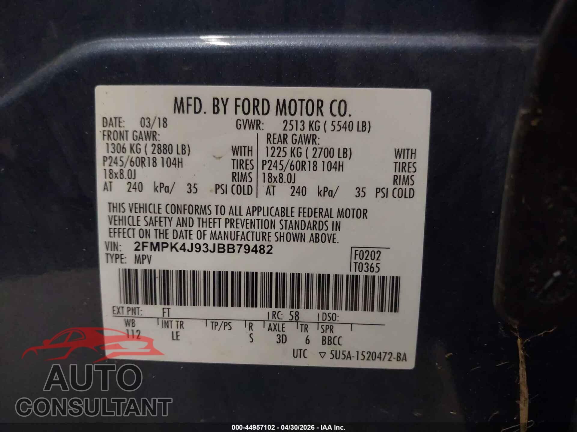 FORD EDGE 2018 - 2FMPK4J93JBB79482