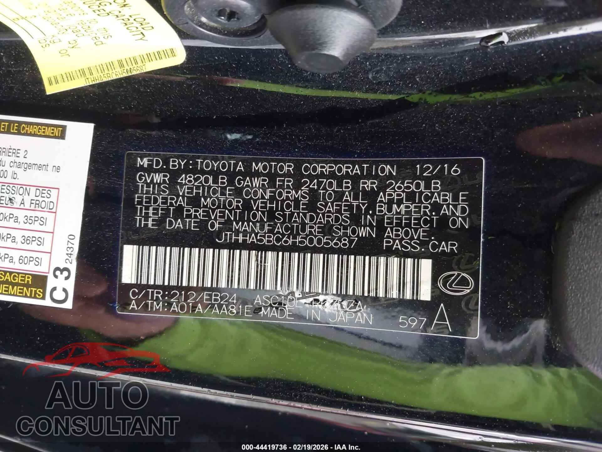LEXUS RC 200T 2017 - JTHHA5BC6H5005687