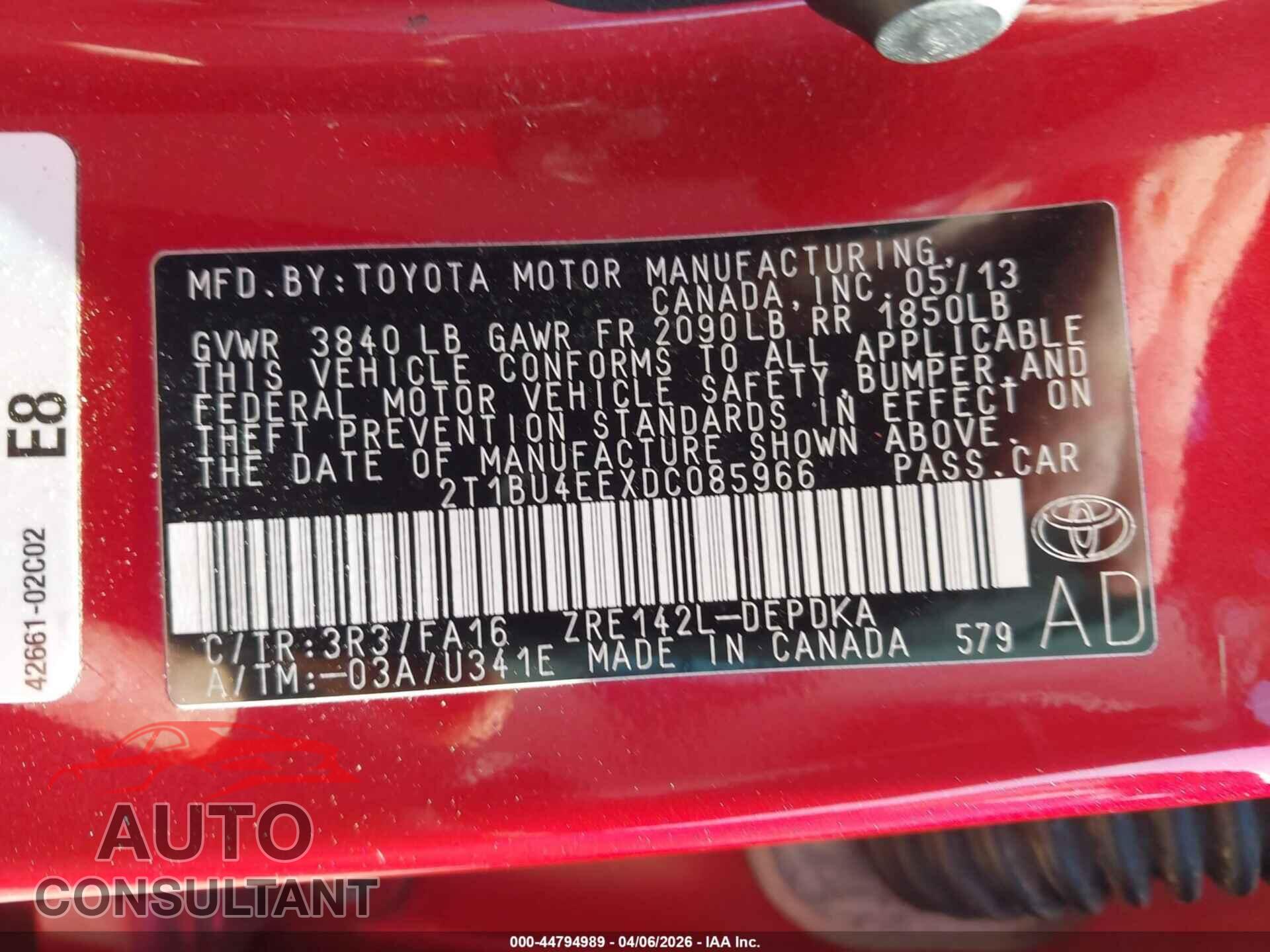 TOYOTA COROLLA 2013 - 2T1BU4EEXDC085966
