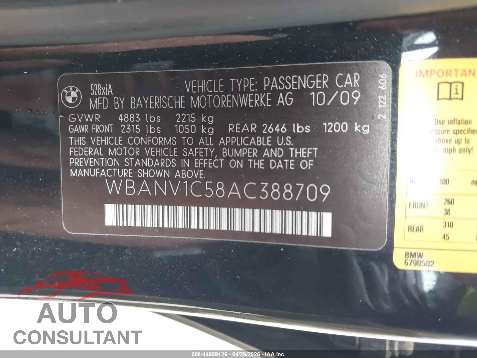 BMW 528I 2010 - WBANV1C58AC388709