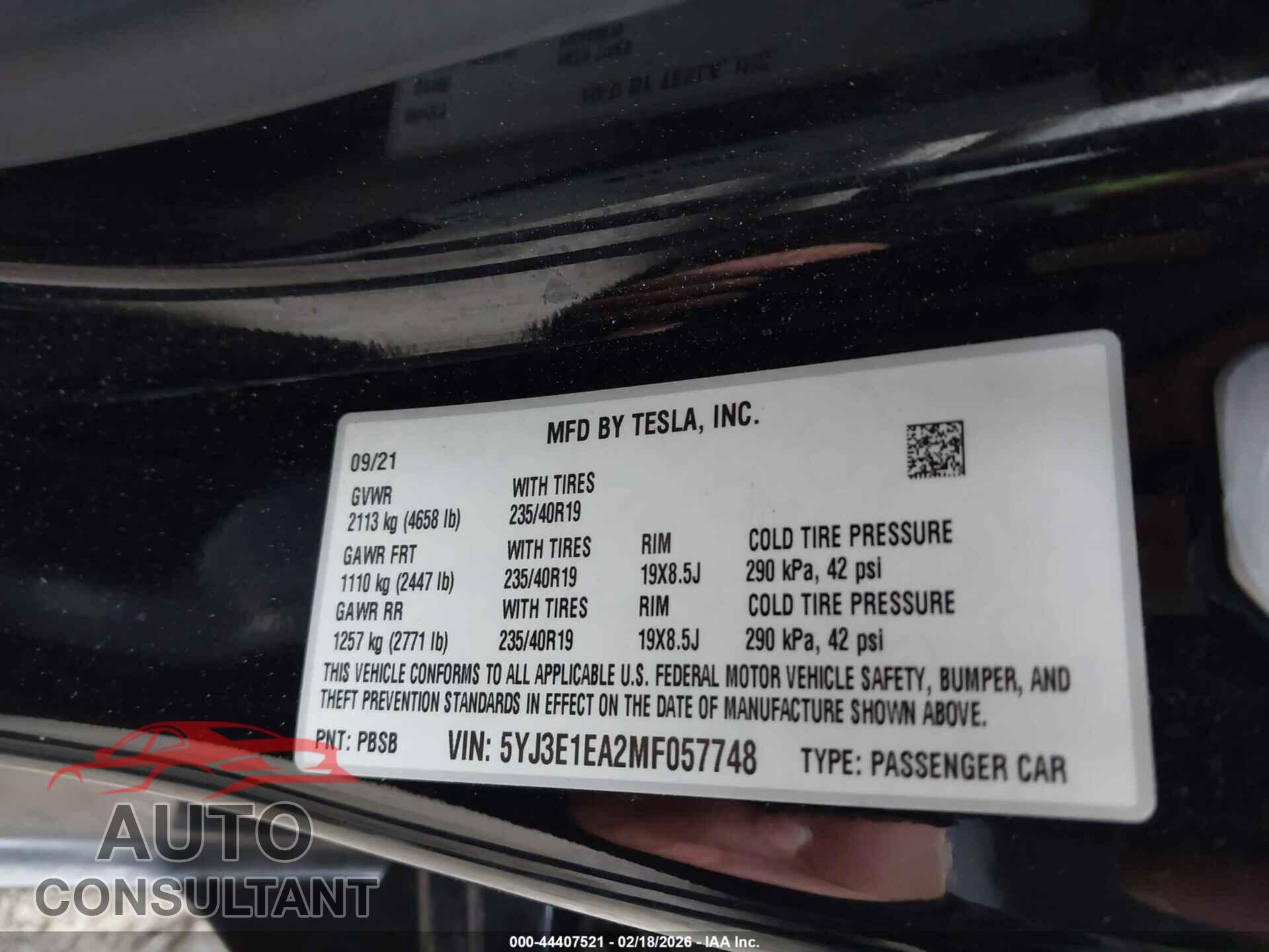 TESLA MODEL 3 2021 - 5YJ3E1EA2MF057748