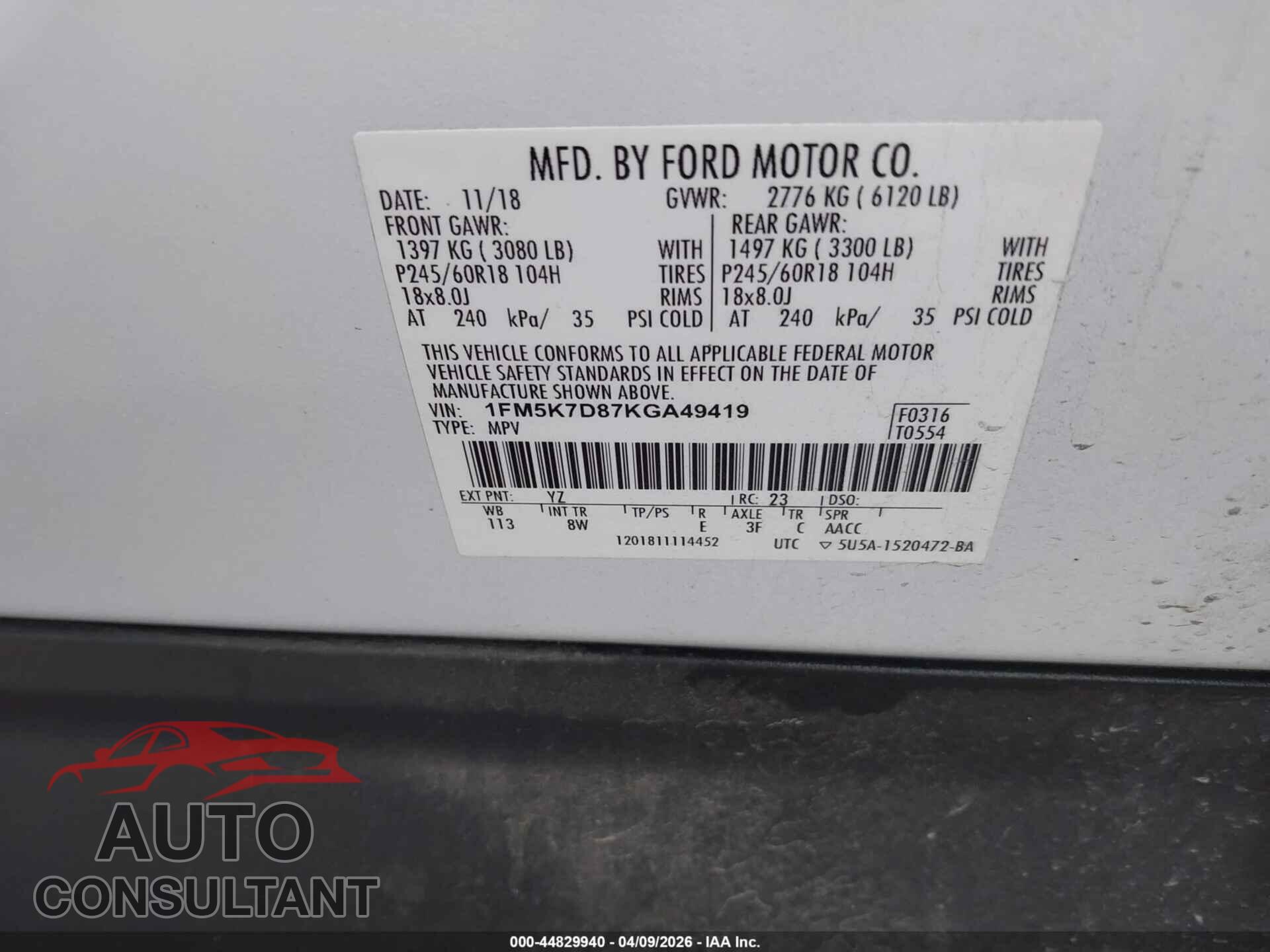 FORD EXPLORER 2019 - 1FM5K7D87KGA49419