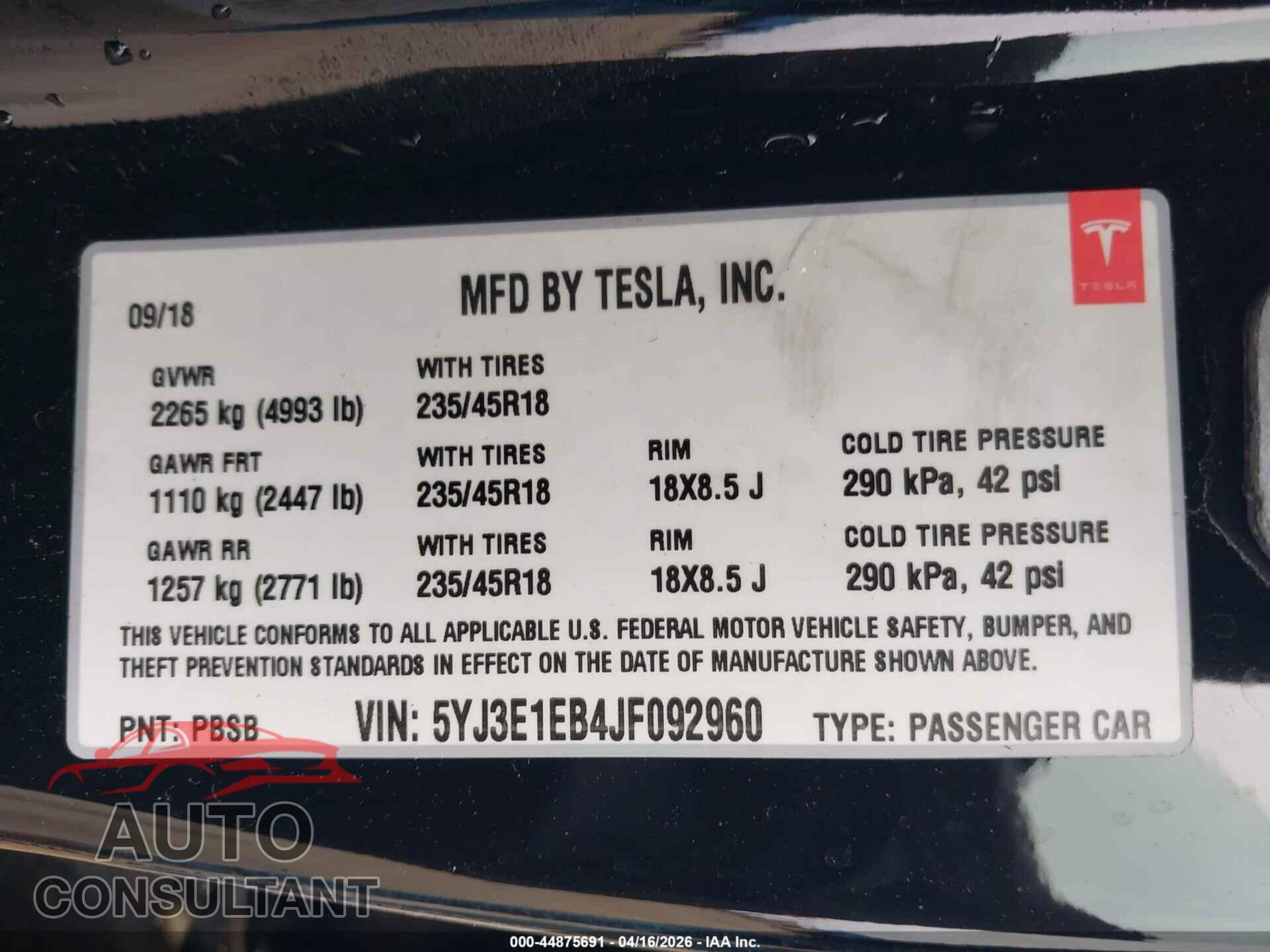 TESLA MODEL 3 2018 - 5YJ3E1EB4JF092960
