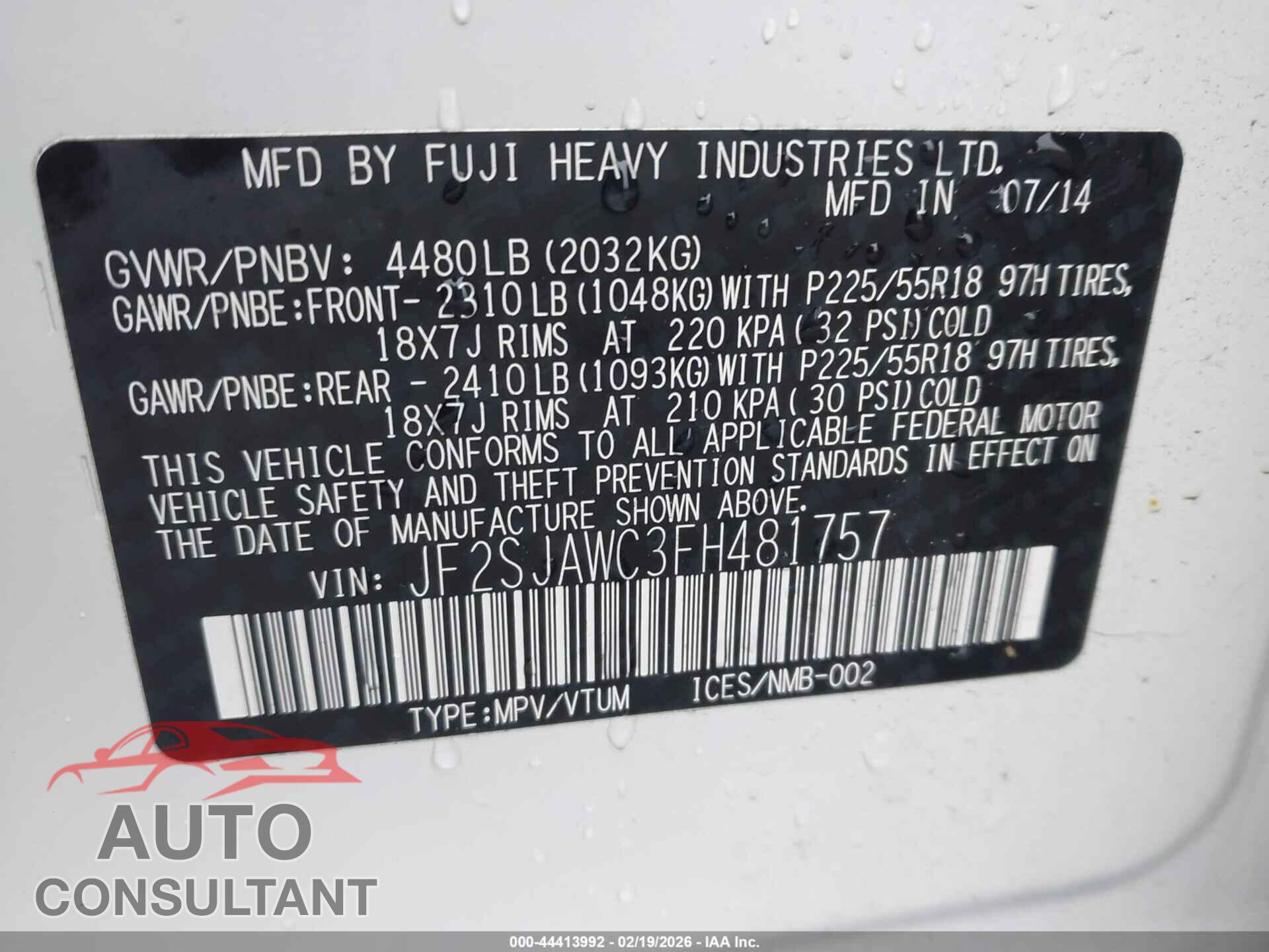 SUBARU FORESTER 2015 - JF2SJAWC3FH481757