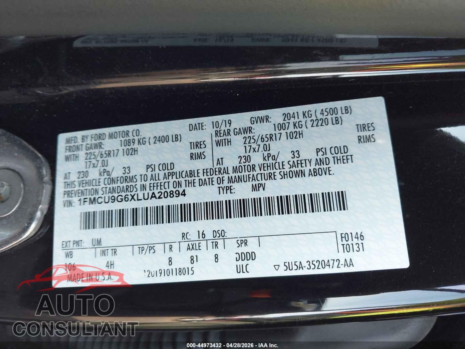 FORD ESCAPE 2020 - 1FMCU9G6XLUA20894