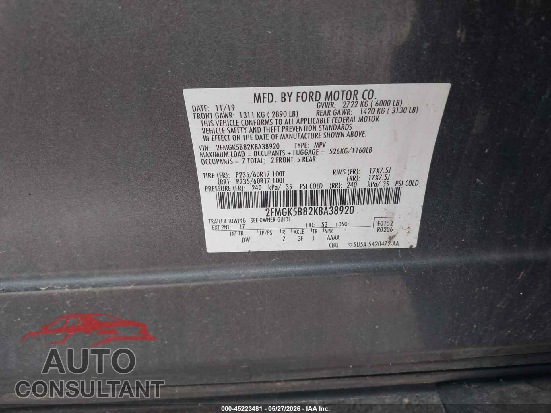 FORD FLEX 2019 - 2FMGK5B82KBA38920