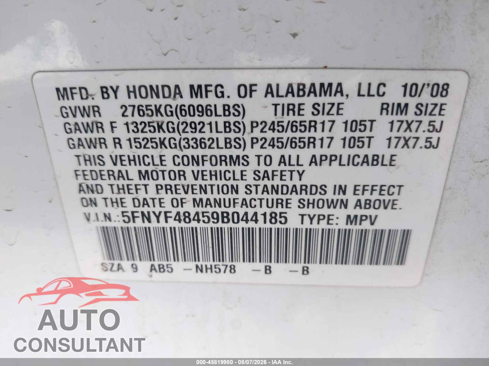 HONDA PILOT 2009 - 5FNYF48459B044185