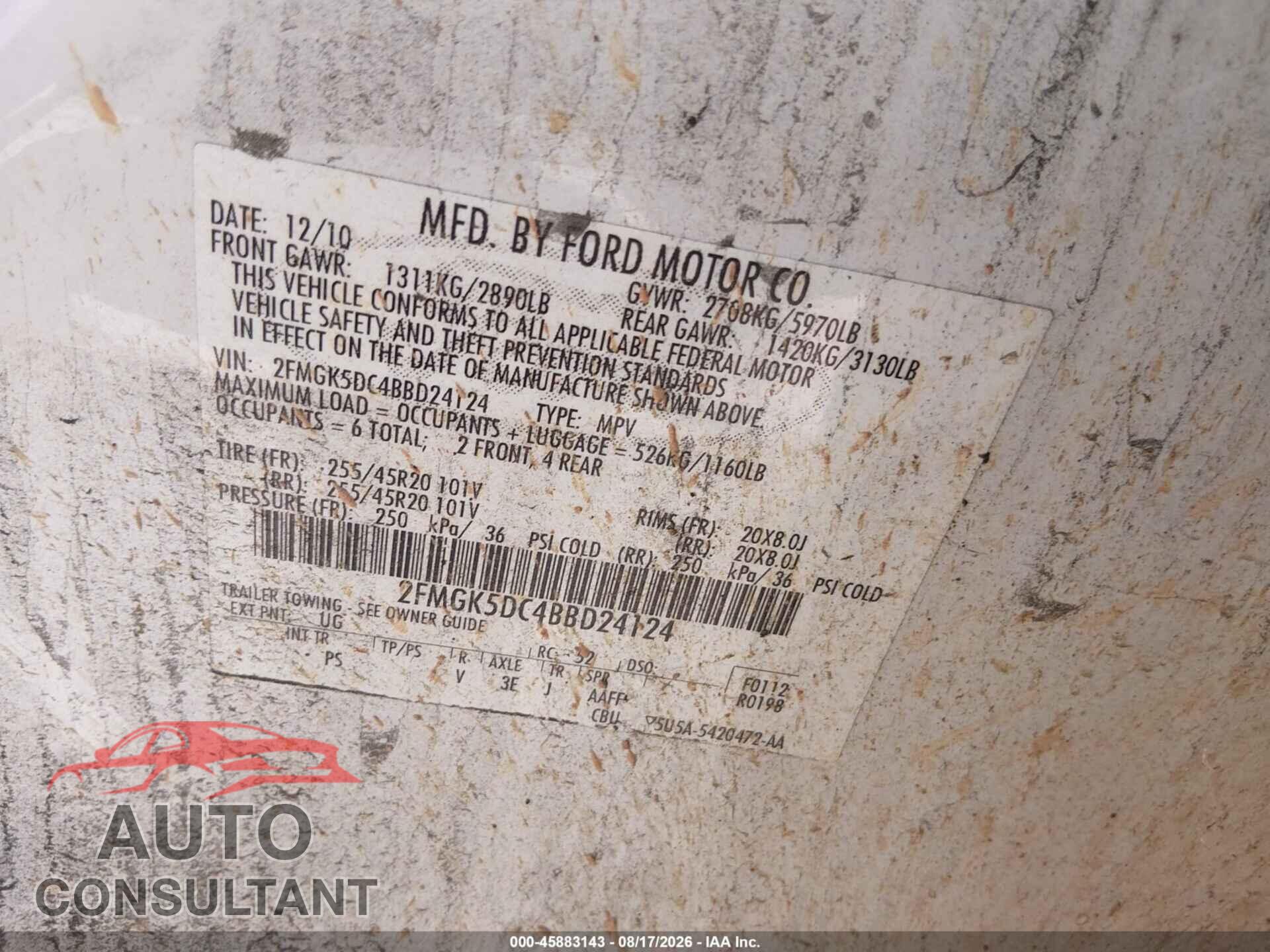 FORD FLEX 2011 - 2FMGK5DC4BBD24124