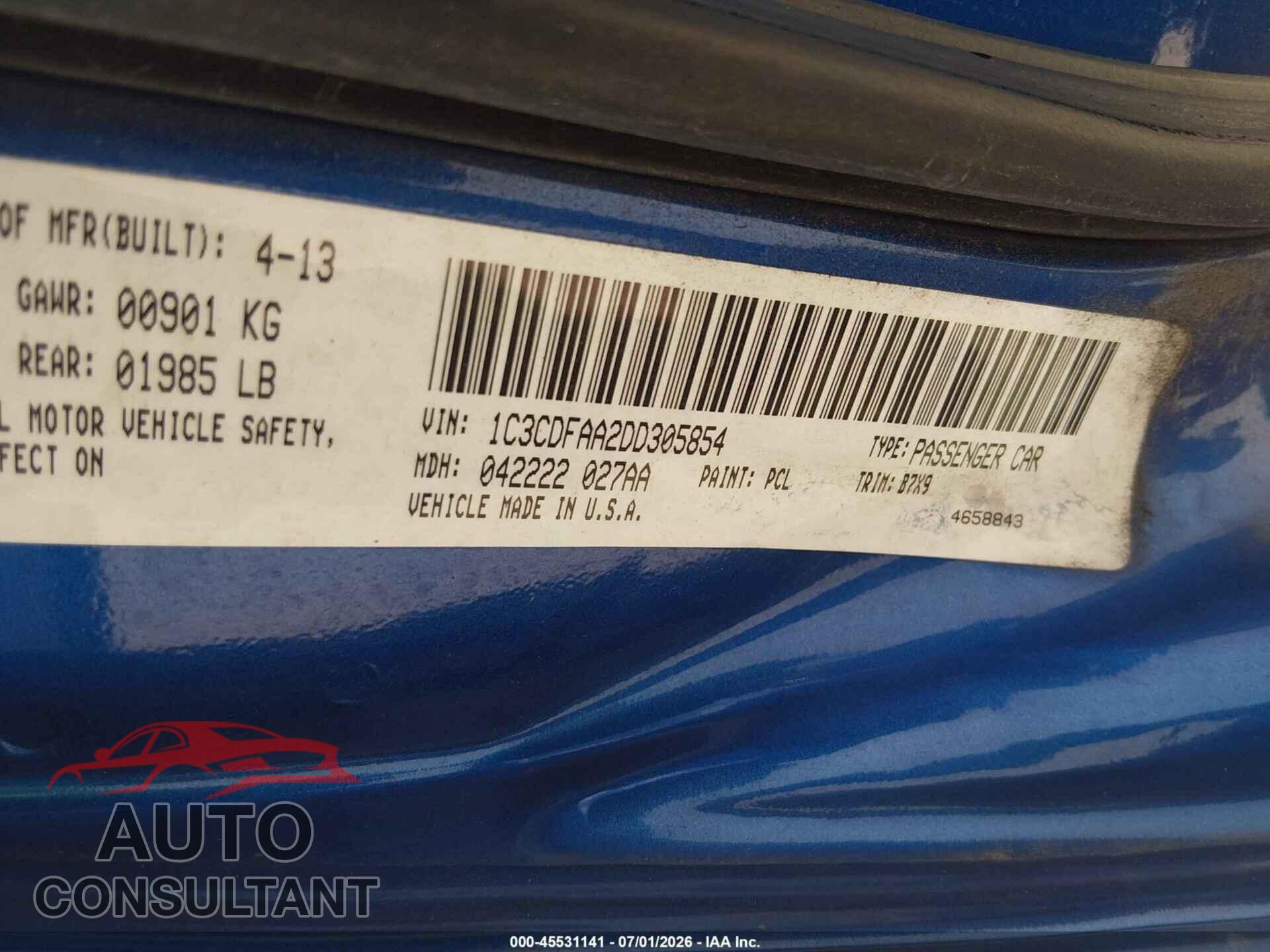 DODGE DART 2013 - 1C3CDFAA2DD305854