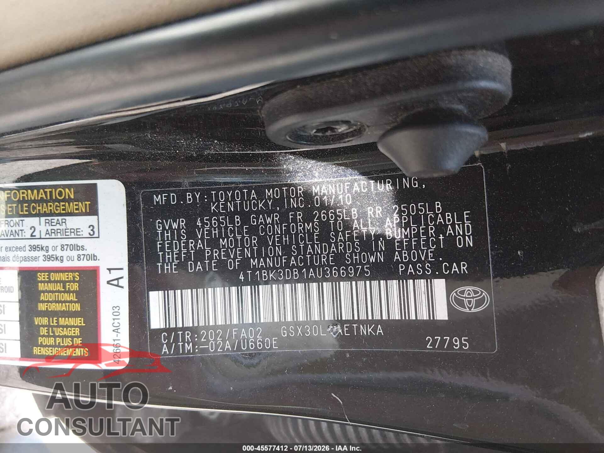 TOYOTA AVALON 2010 - 4T1BK3DB1AU366975