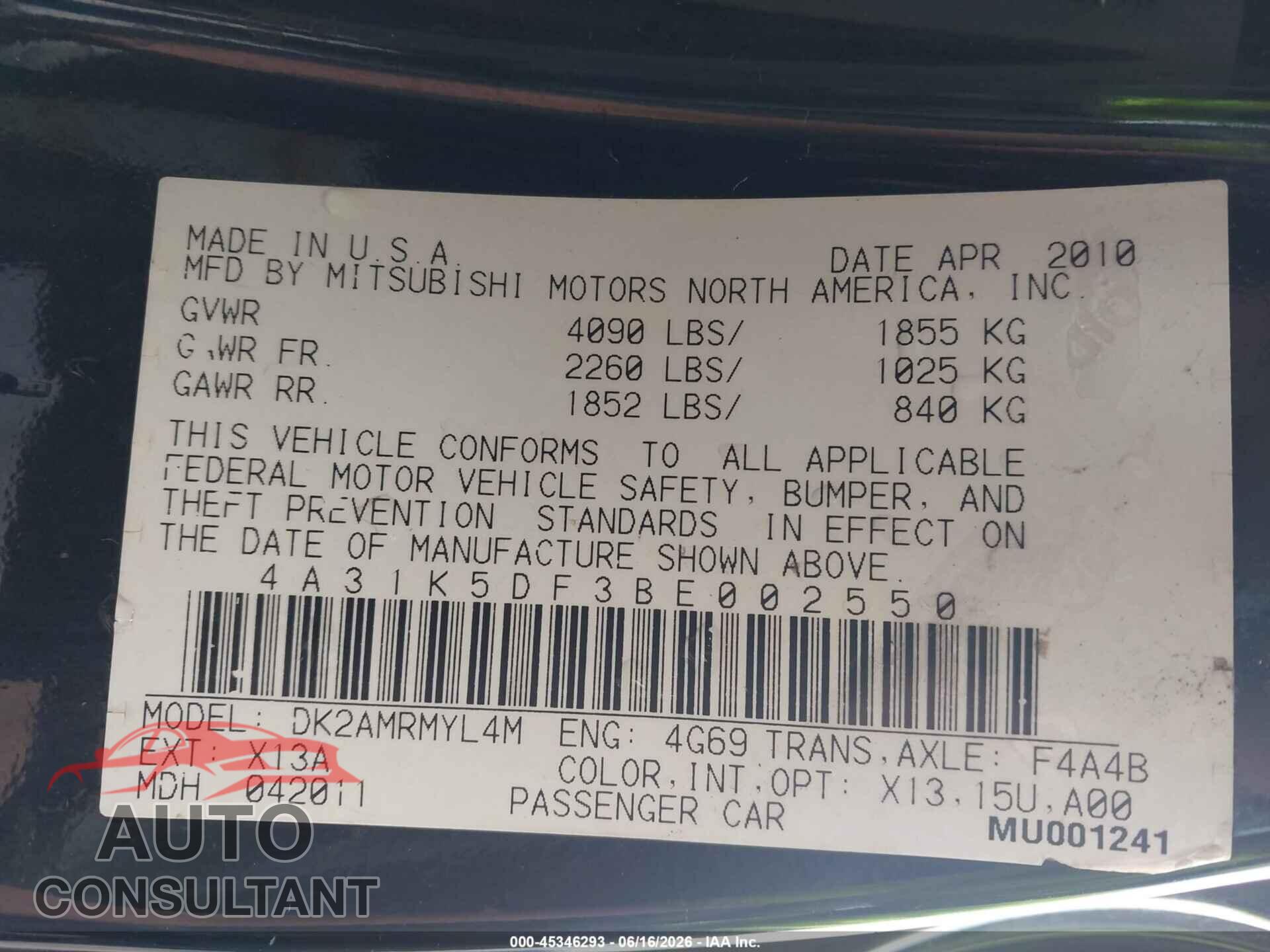 MITSUBISHI ECLIPSE 2011 - 4A31K5DF3BE002550