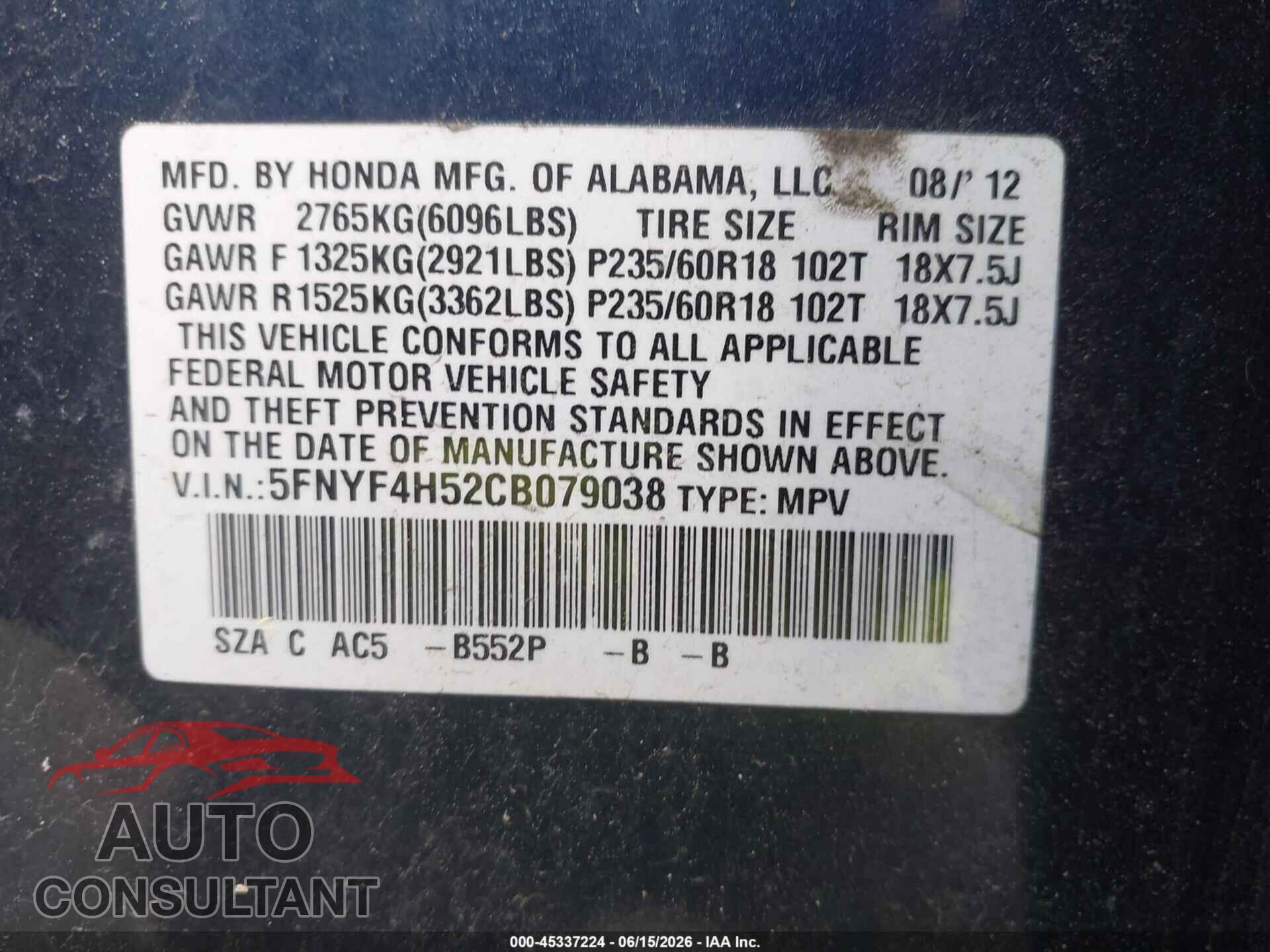HONDA PILOT 2012 - 5FNYF4H52CB079038