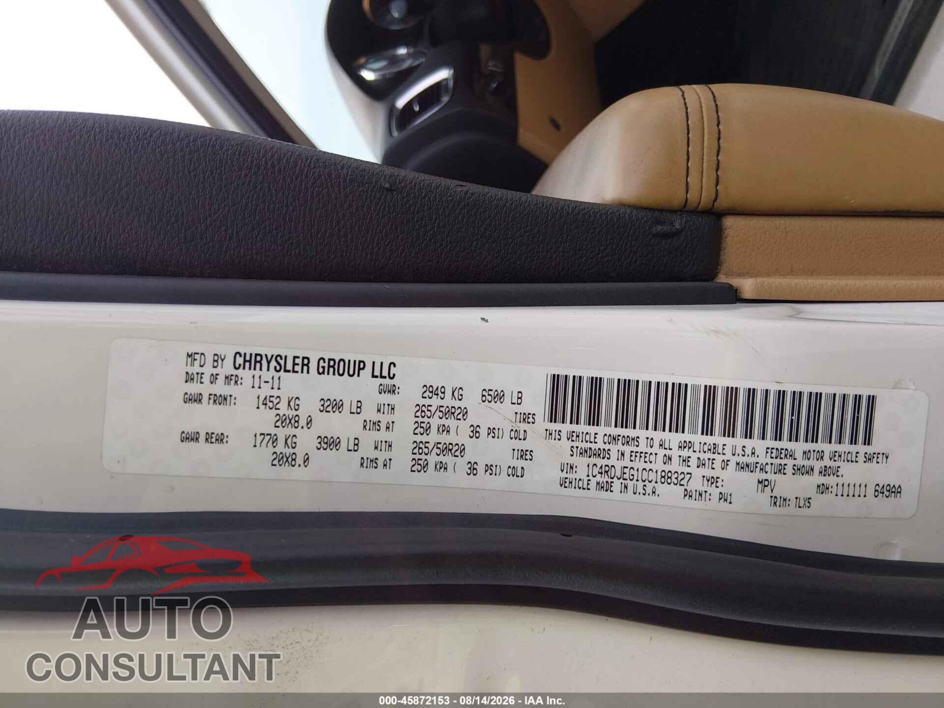 DODGE DURANGO 2012 - 1C4RDJEG1CC188327