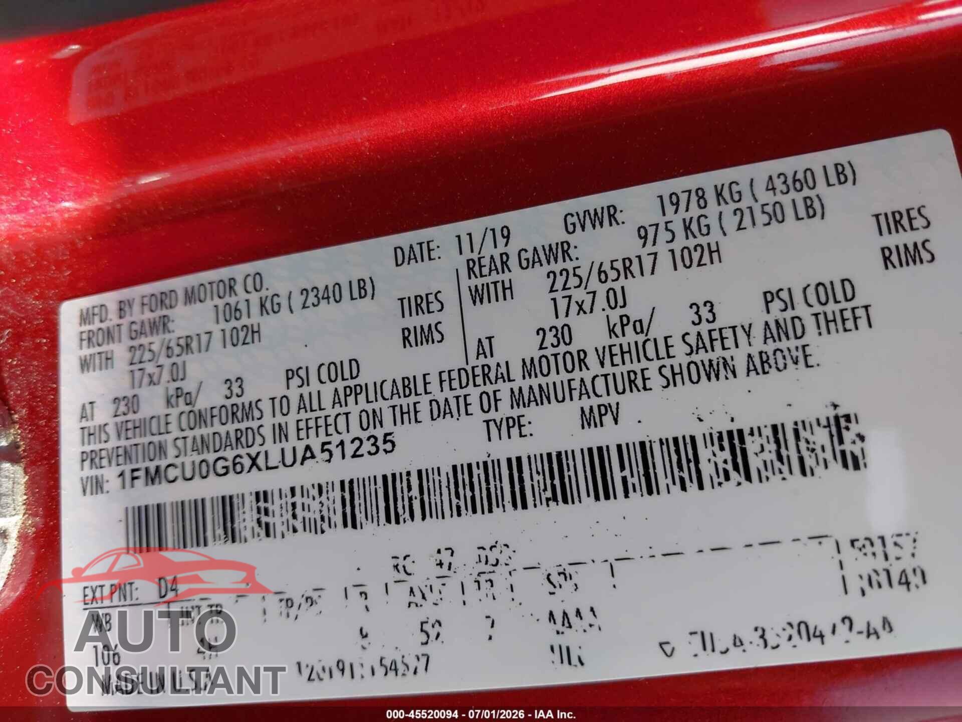 FORD ESCAPE 2020 - 1FMCU0G6XLUA51235