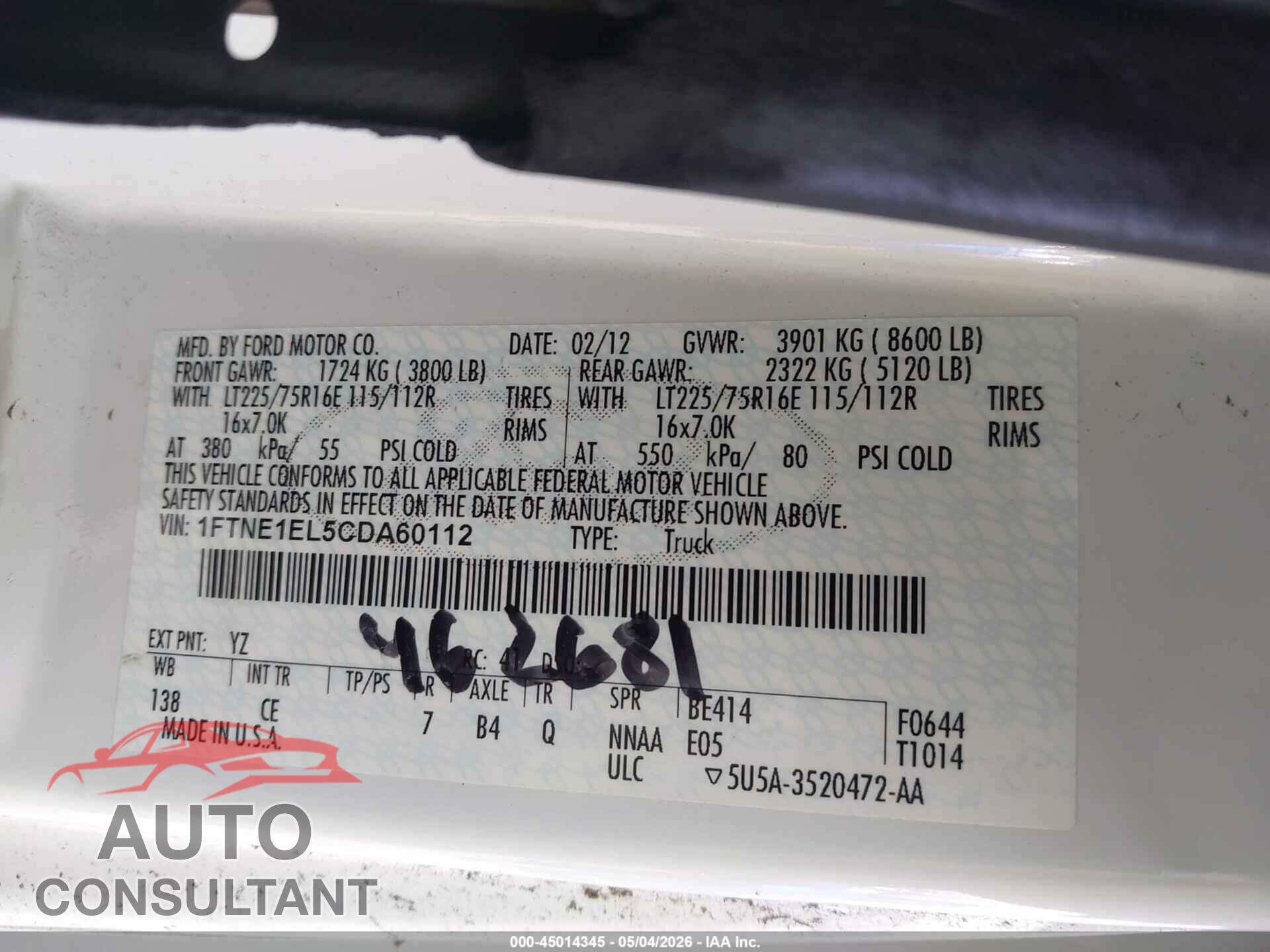 FORD E-150 2012 - 1FTNE1EL5CDA60112