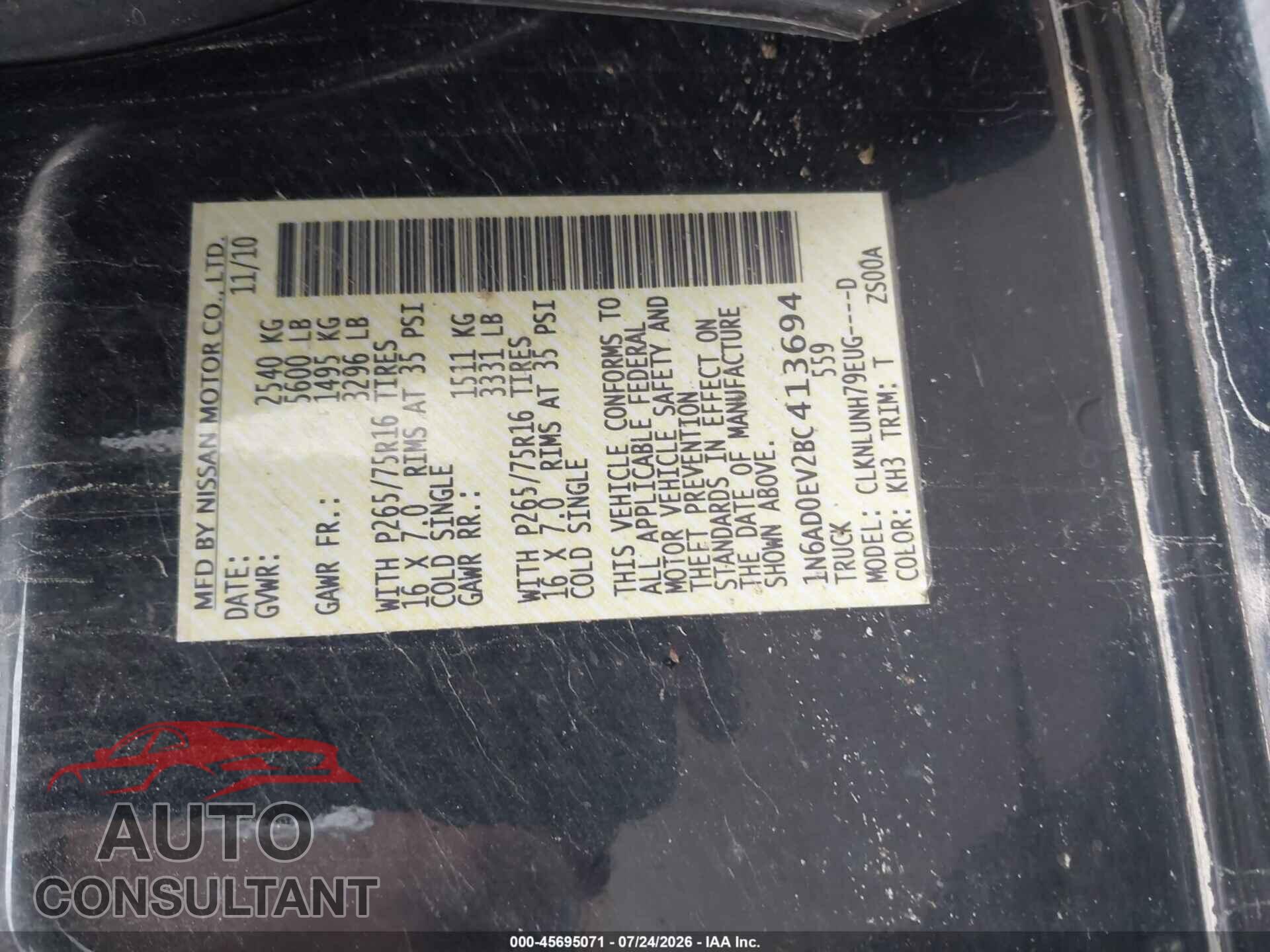 NISSAN FRONTIER 2011 - 1N6AD0EV2BC413694