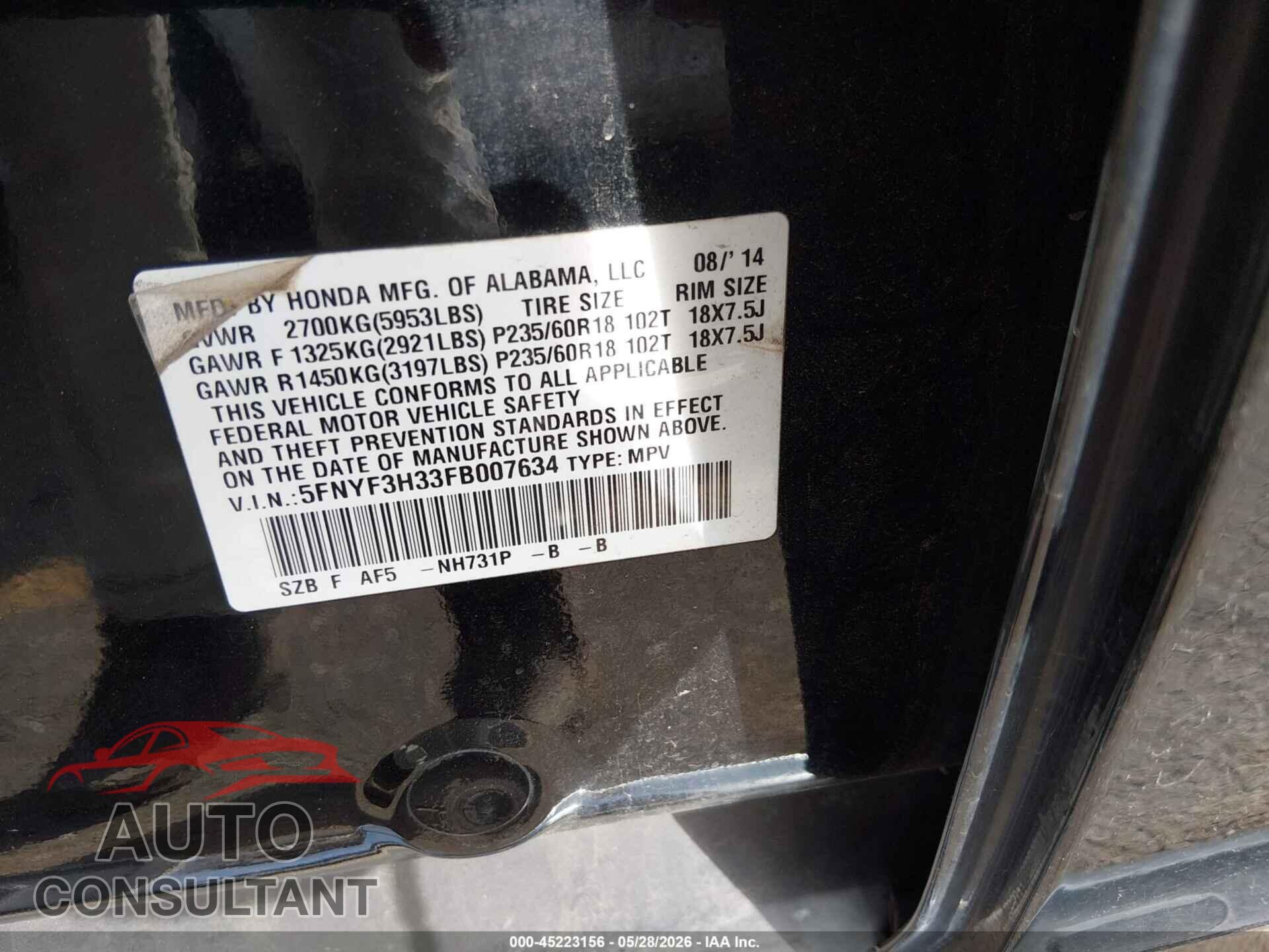 HONDA PILOT 2015 - 5FNYF3H33FB007634