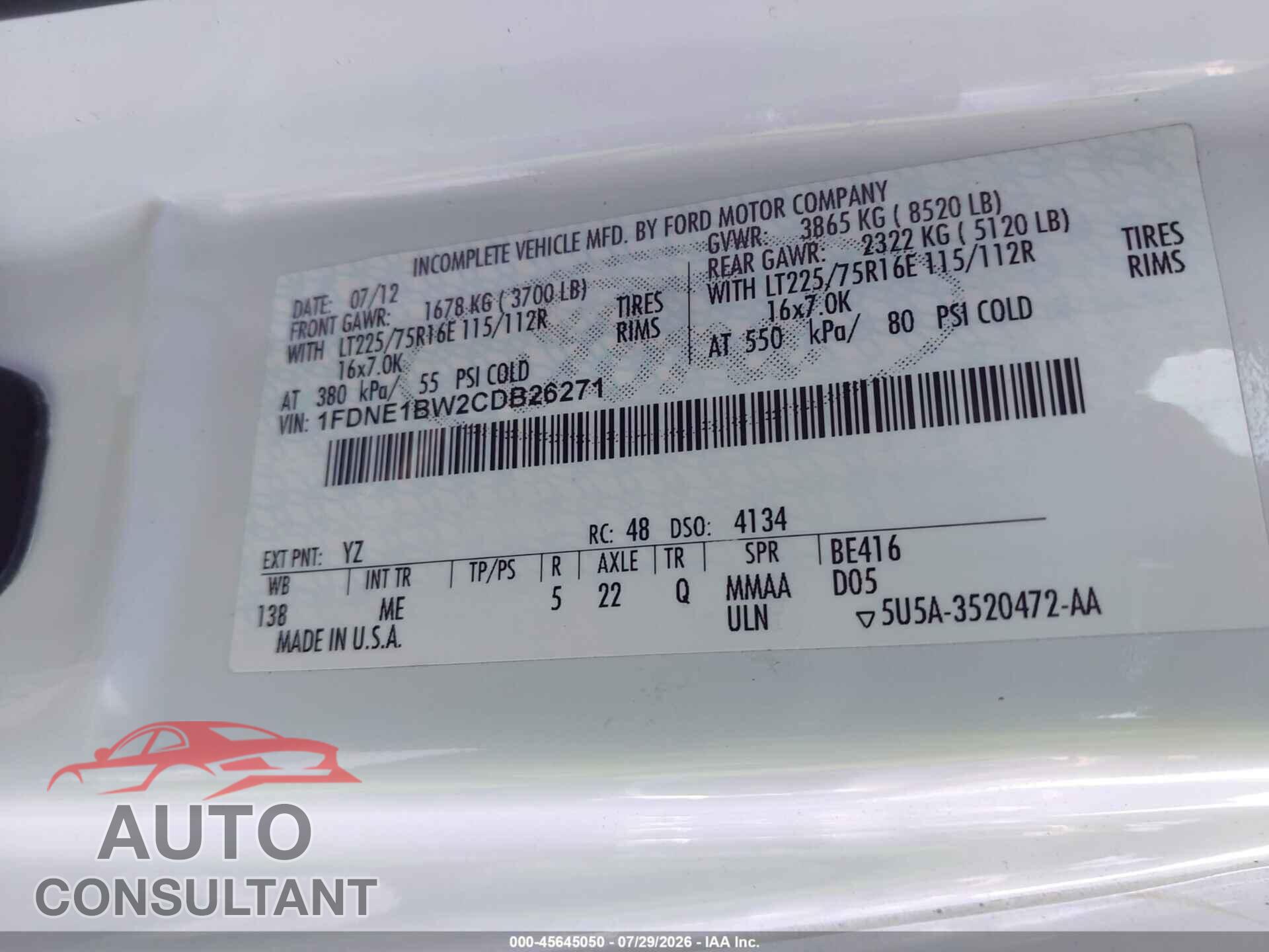 FORD E-150 2012 - 1FDNE1BW2CDB26271