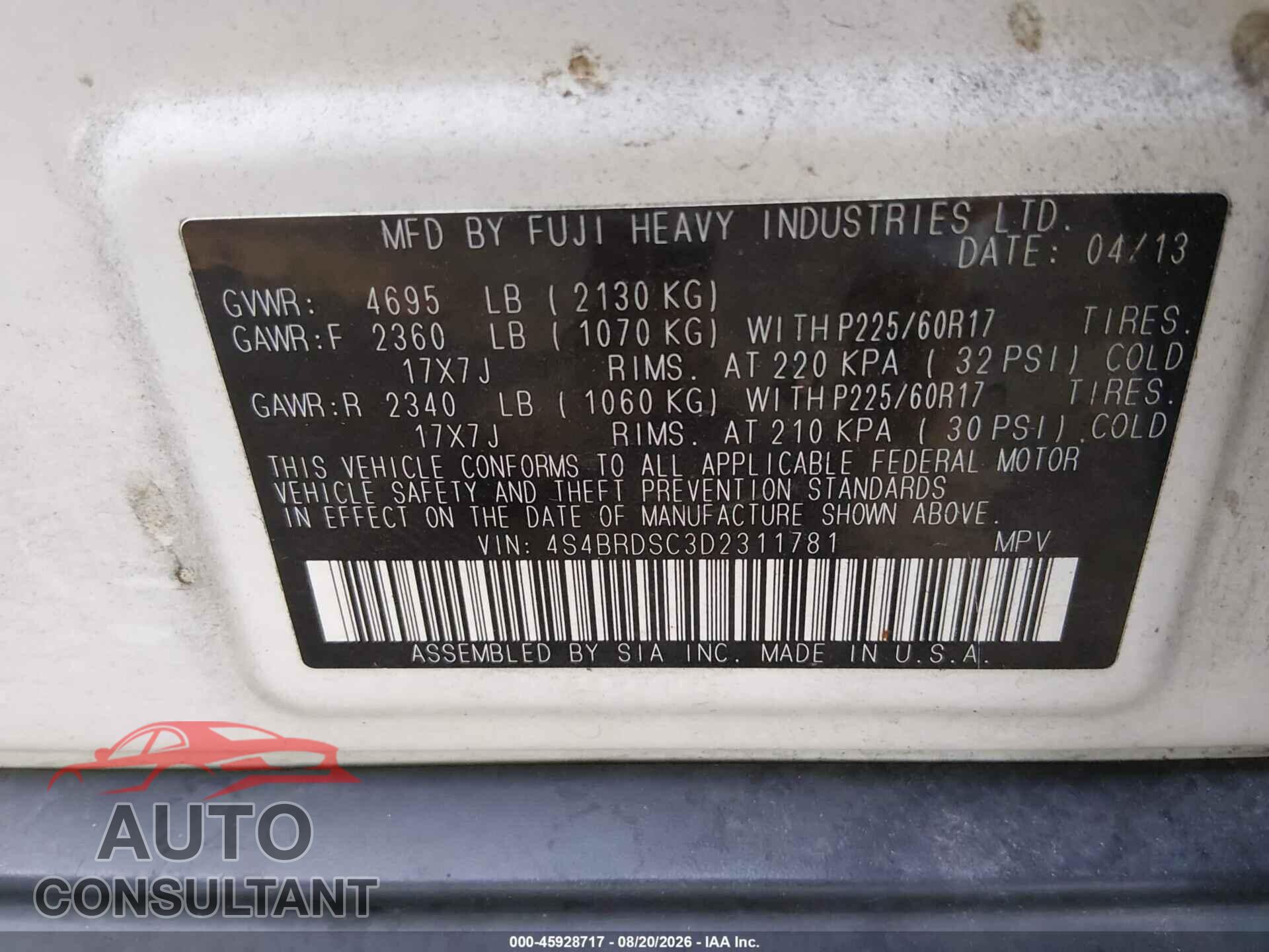 SUBARU OUTBACK 2013 - 4S4BRDSC3D2311781