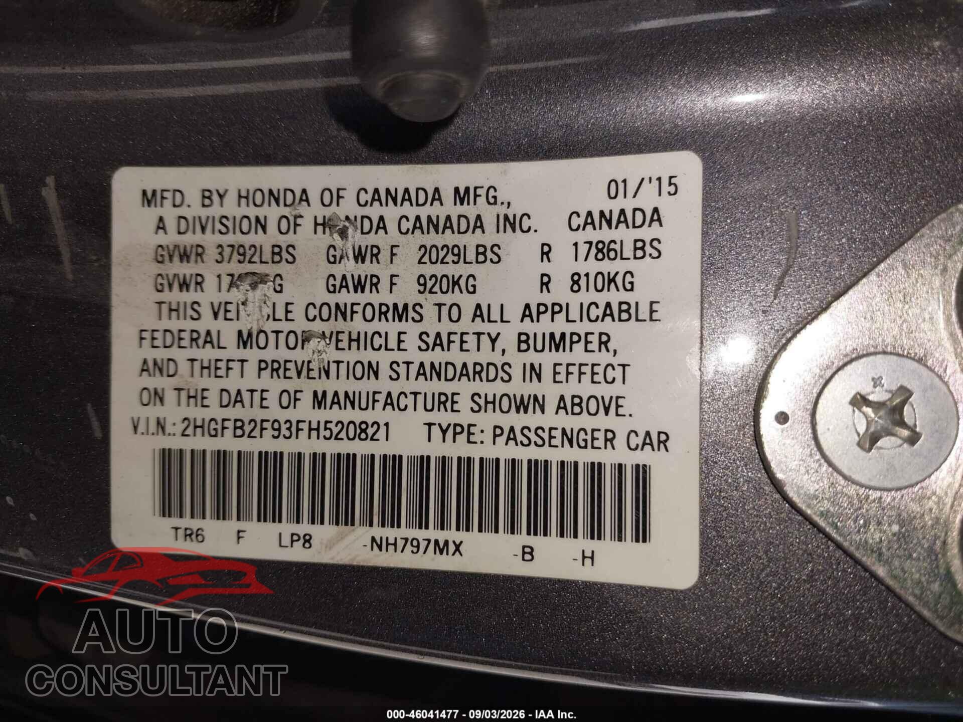 HONDA CIVIC 2015 - 2HGFB2F93FH520821