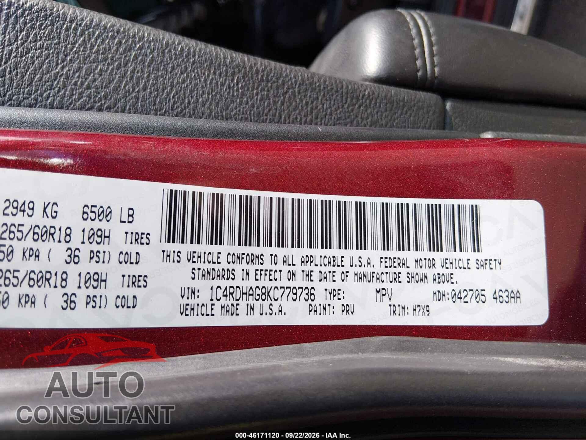 DODGE DURANGO 2019 - 1C4RDHAG8KC779736
