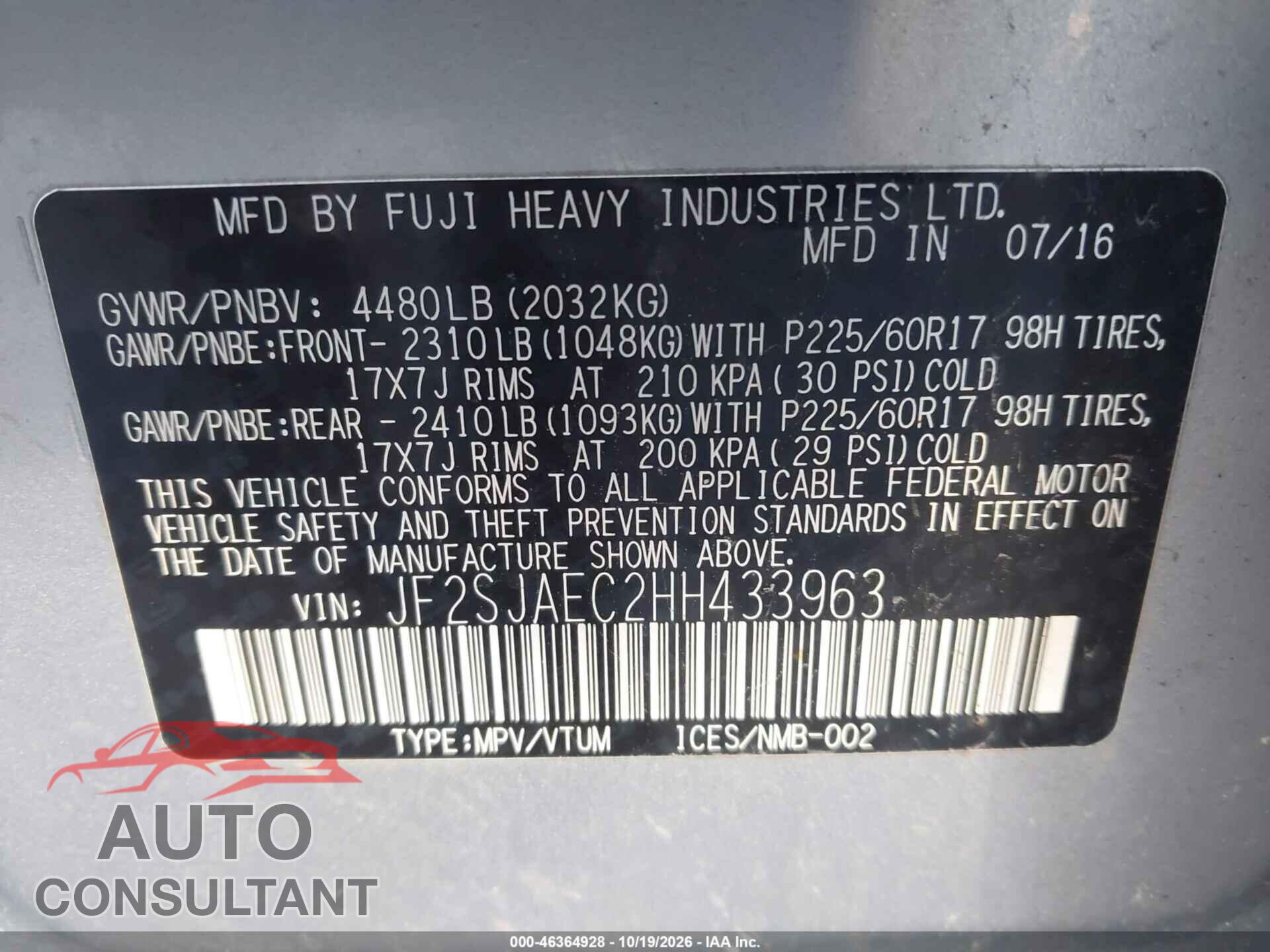 SUBARU FORESTER 2017 - JF2SJAEC2HH433963