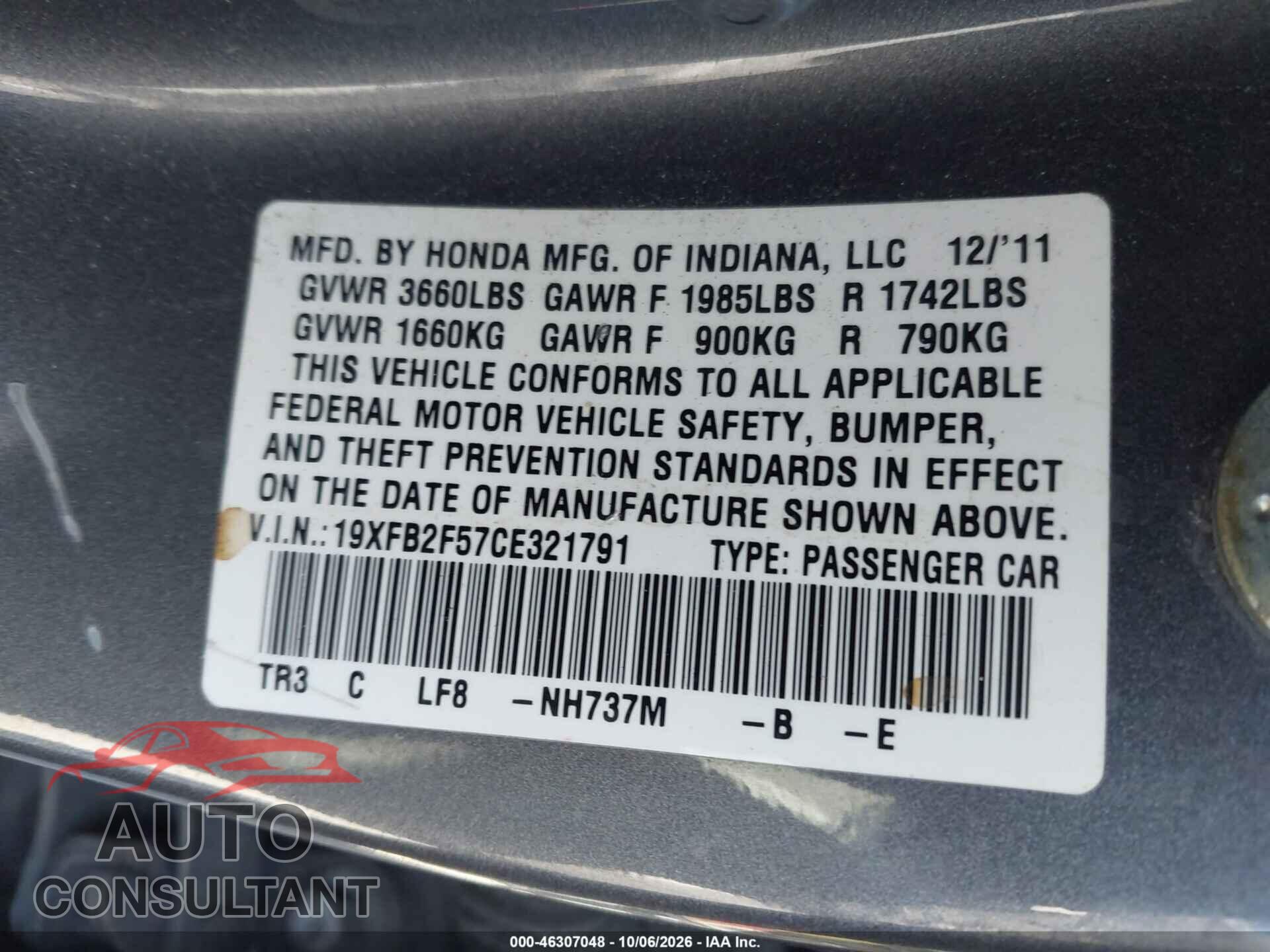HONDA CIVIC 2012 - 19XFB2F57CE321791