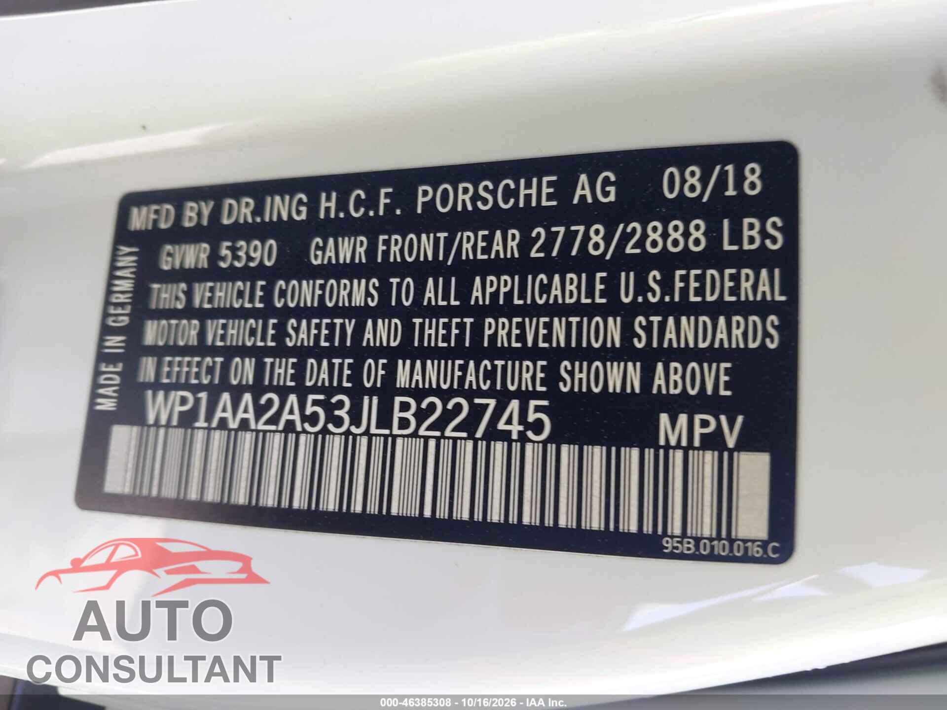 PORSCHE MACAN 2018 - WP1AA2A53JLB22745
