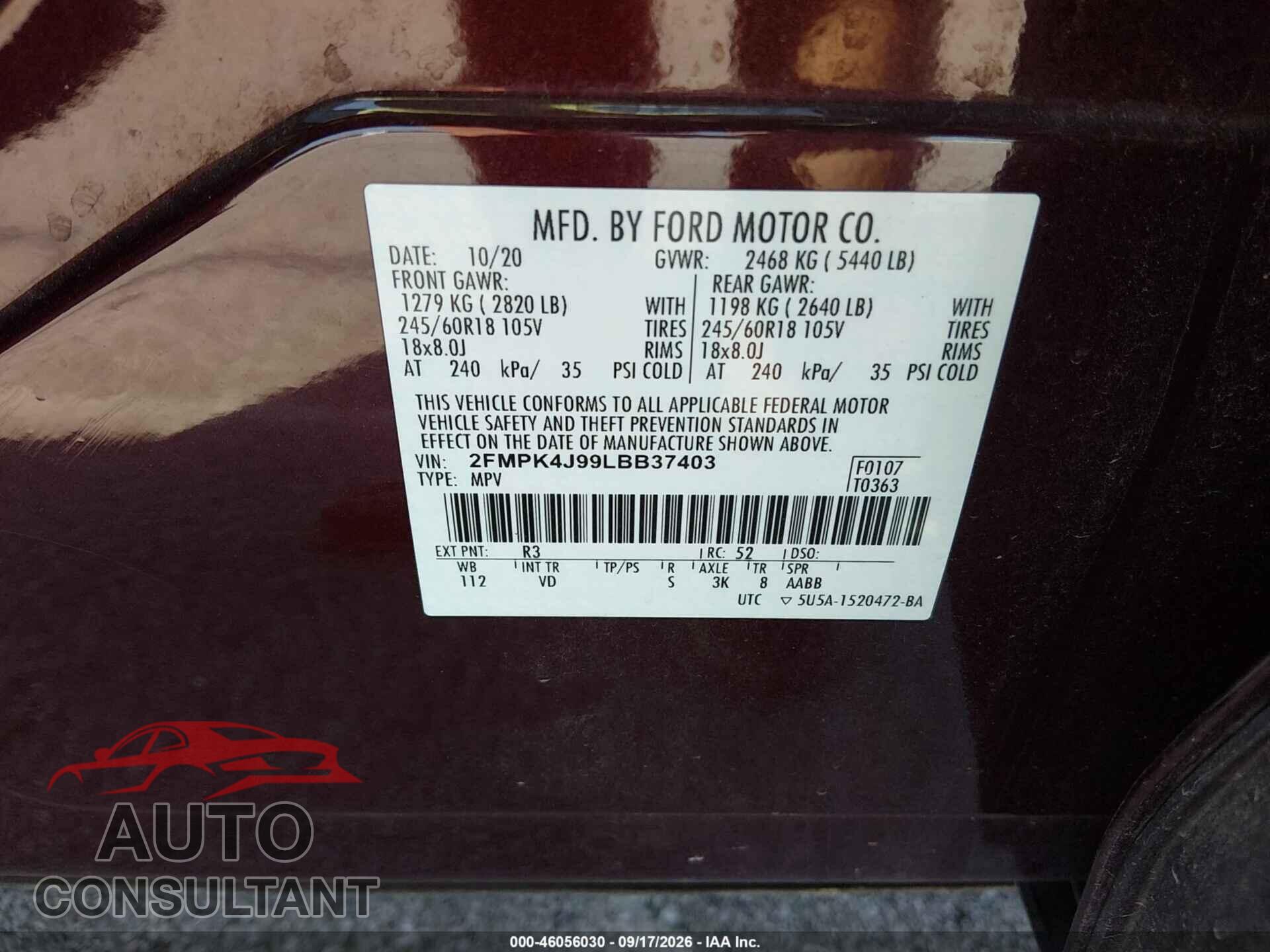 FORD EDGE 2020 - 2FMPK4J99LBB37403